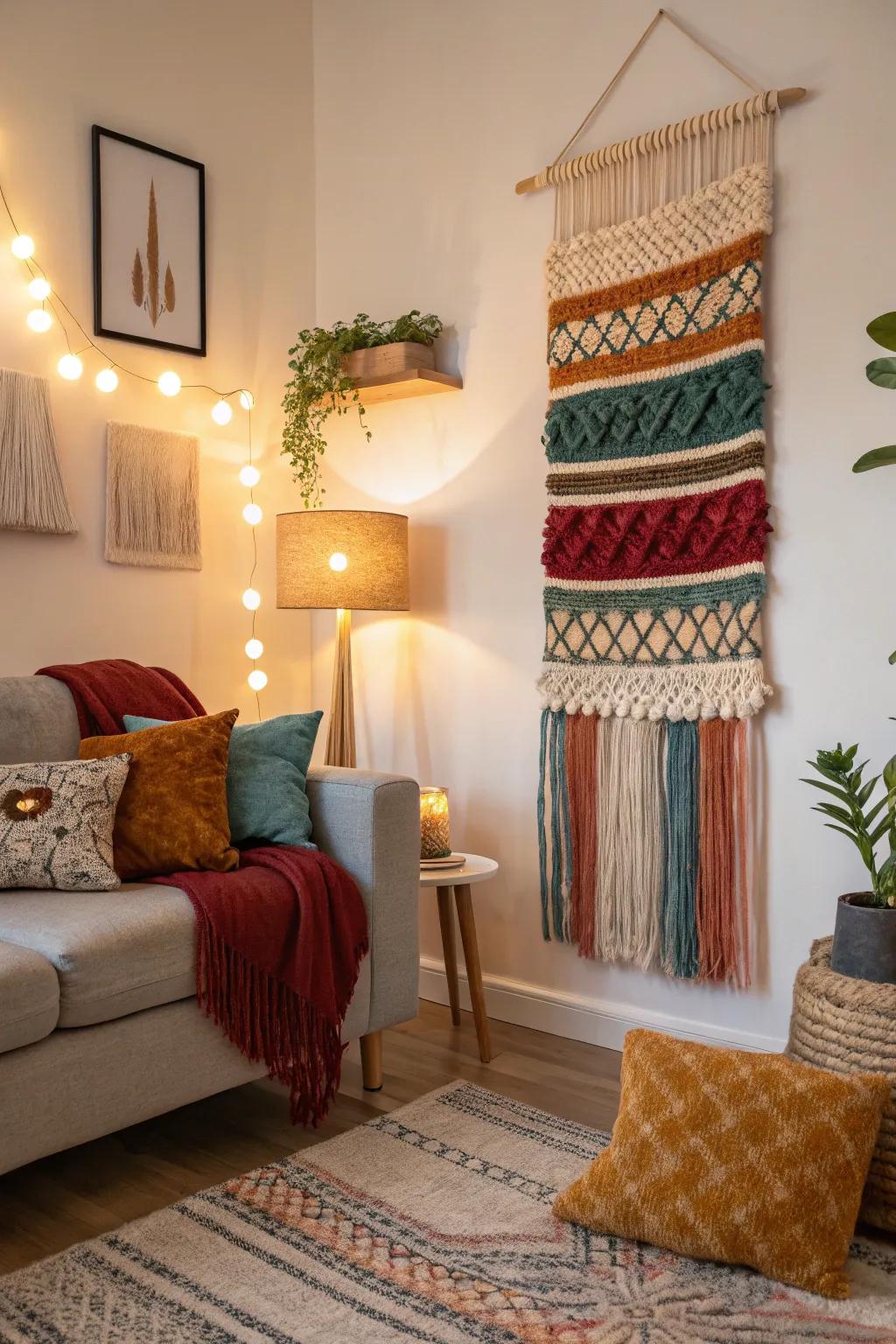 A cozy woven yarn wall art piece, adding warmth to any space.