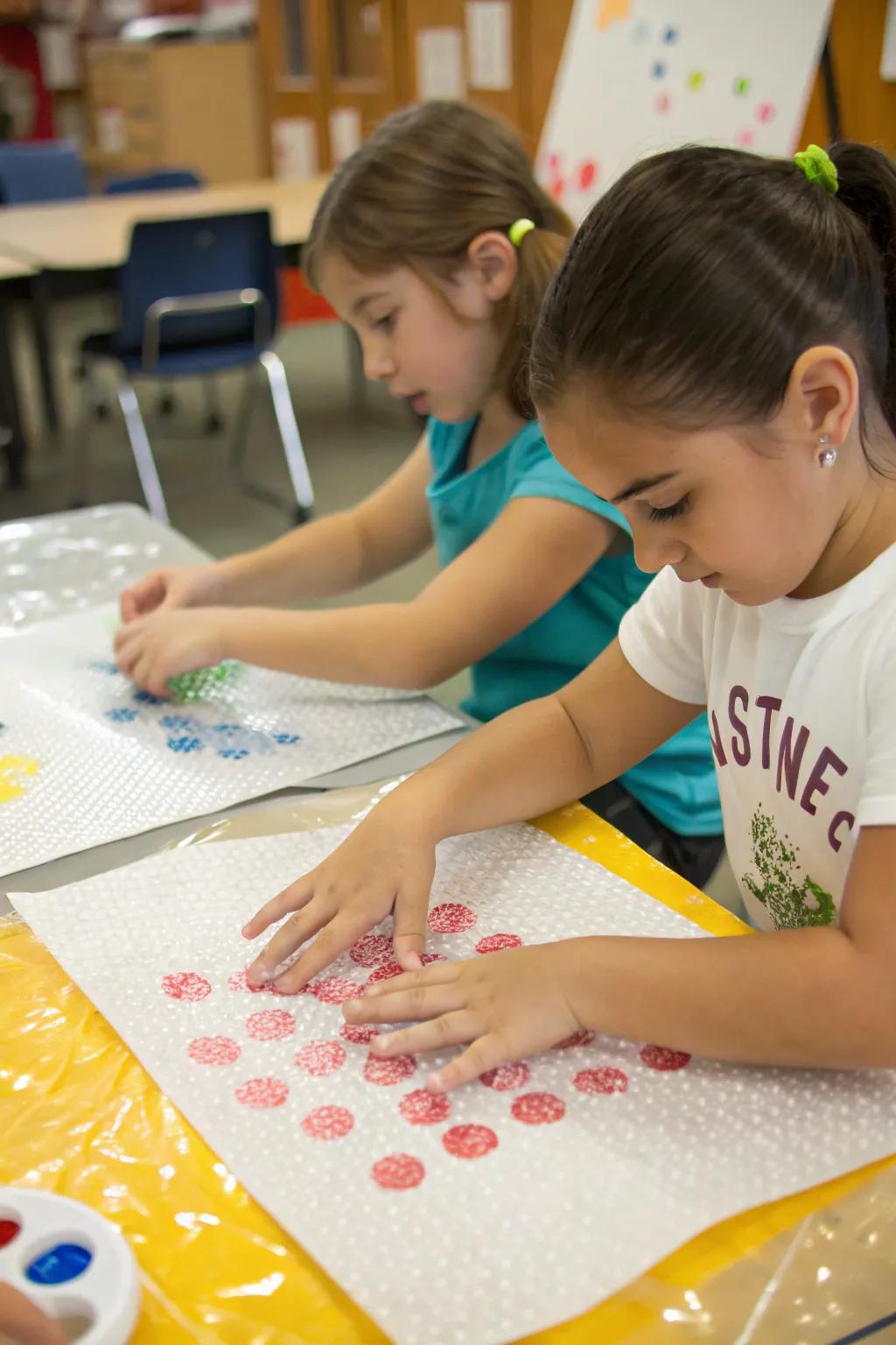 Kids discovering the joys of bubble wrap printing, creating textured and vibrant artworks.