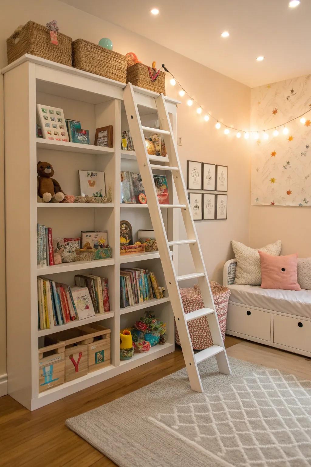 A ladder bookcase adds style and storage without occupying much floor space.