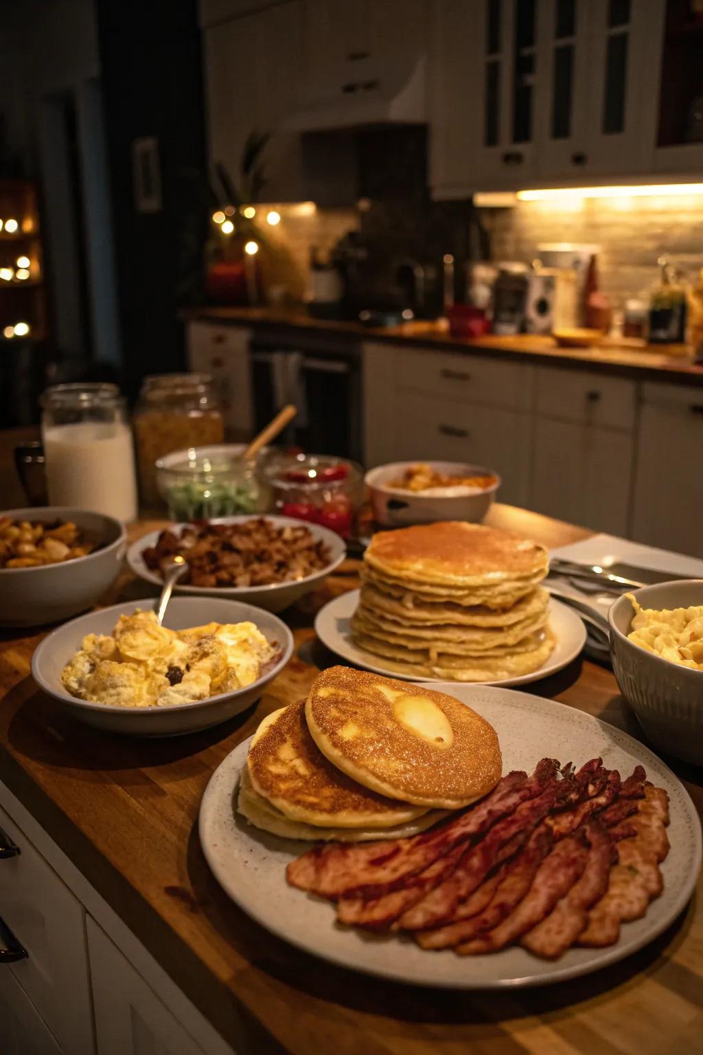 Satisfy late-night cravings with a delightful midnight breakfast feast.