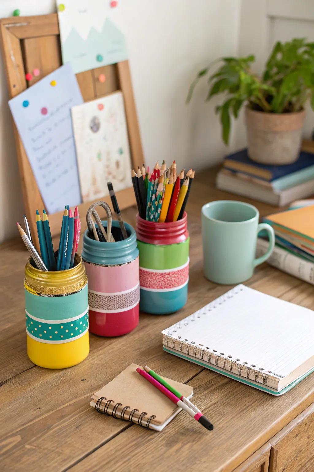 Turn old jars into colorful pencil holders.