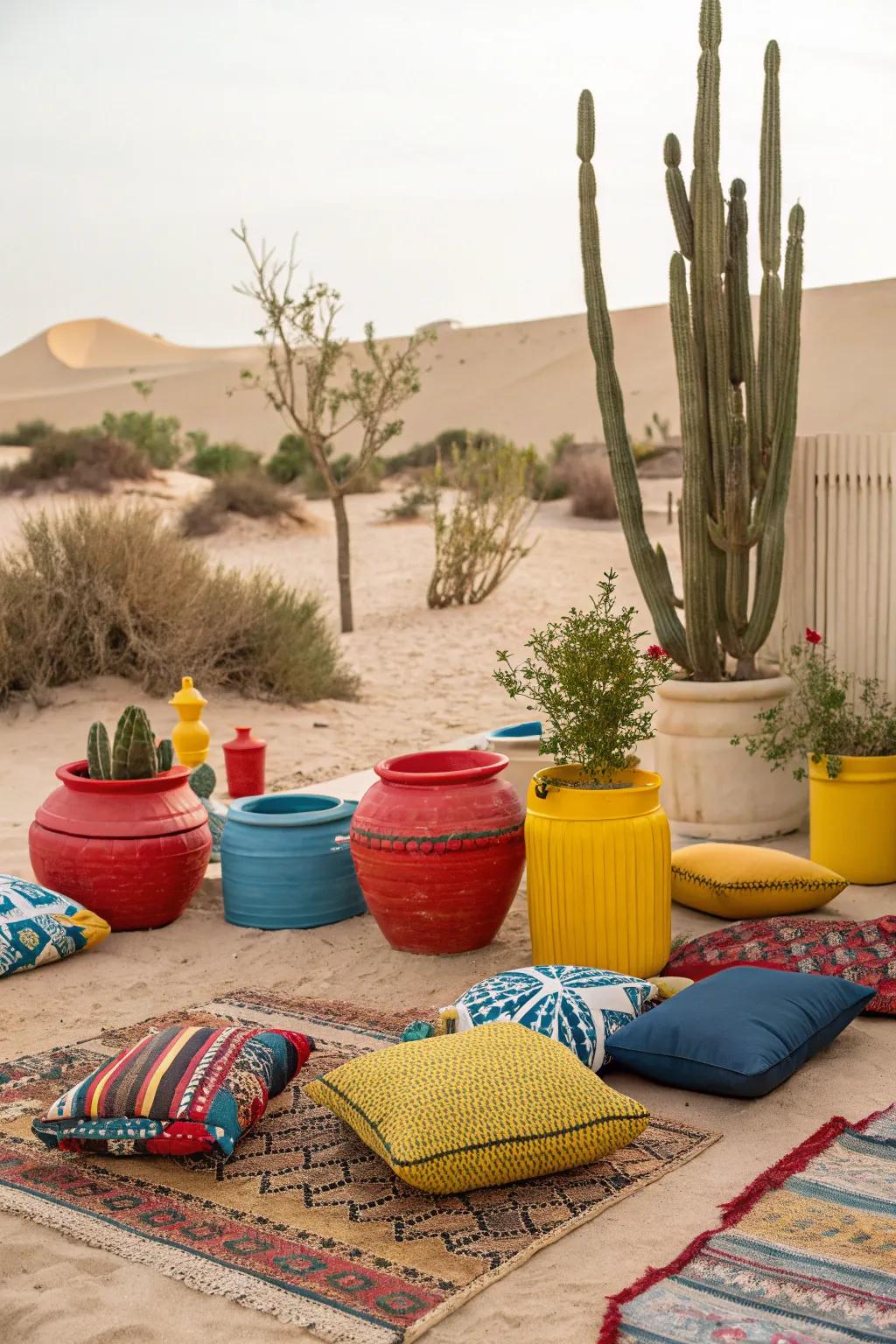 Colorful accents provide contrast and personality in a desert backyard.