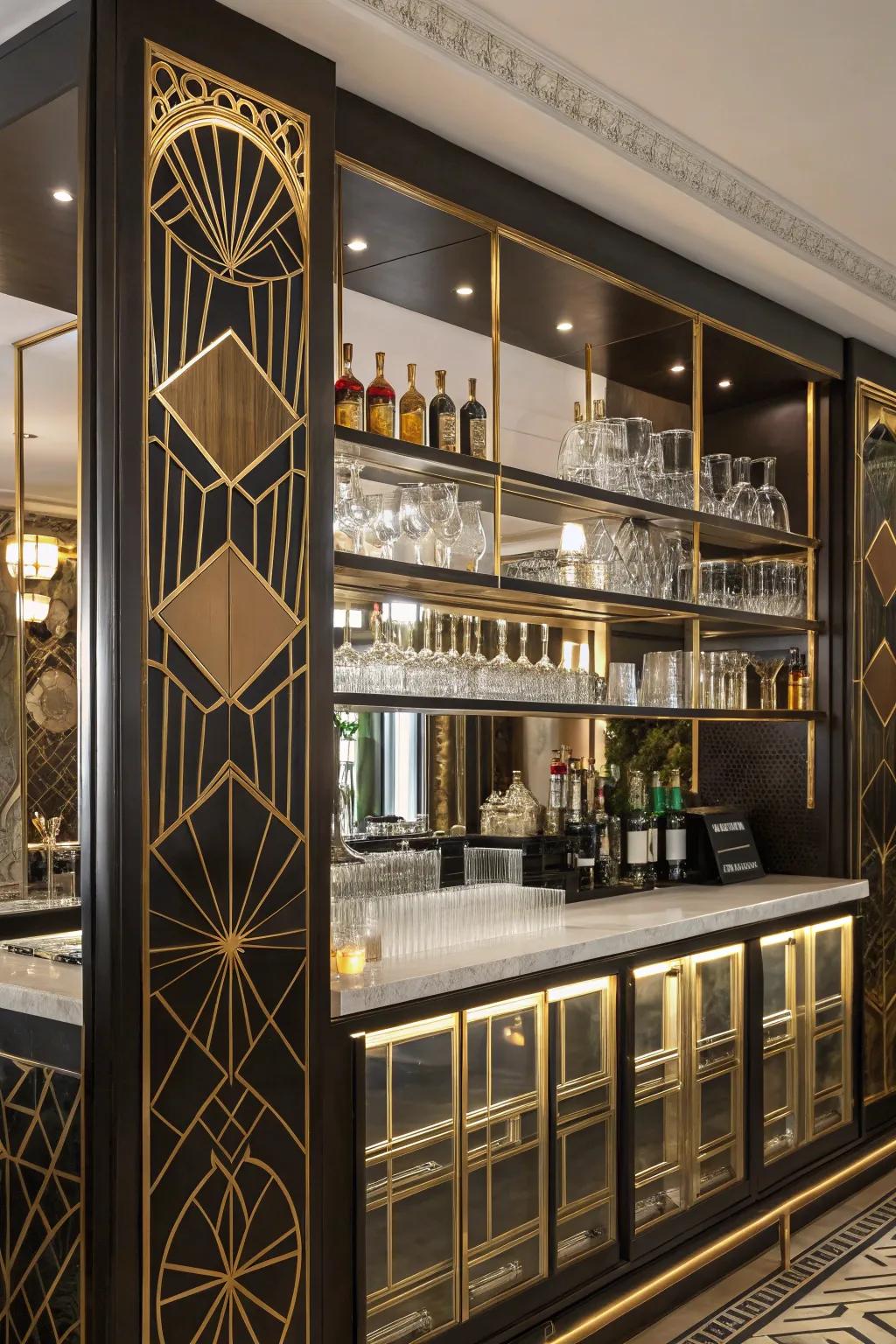 Art Deco shelves bring vintage glam to your bar.