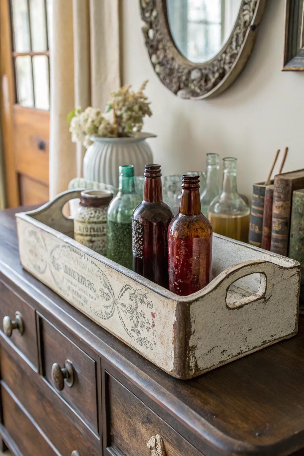 Capture rustic chic with a weathered tray and vintage accents.