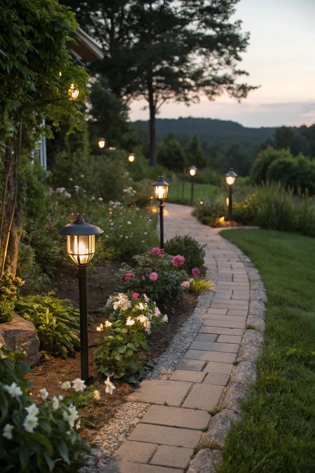 Solar-powered barn lights illuminate garden pathways beautifully.