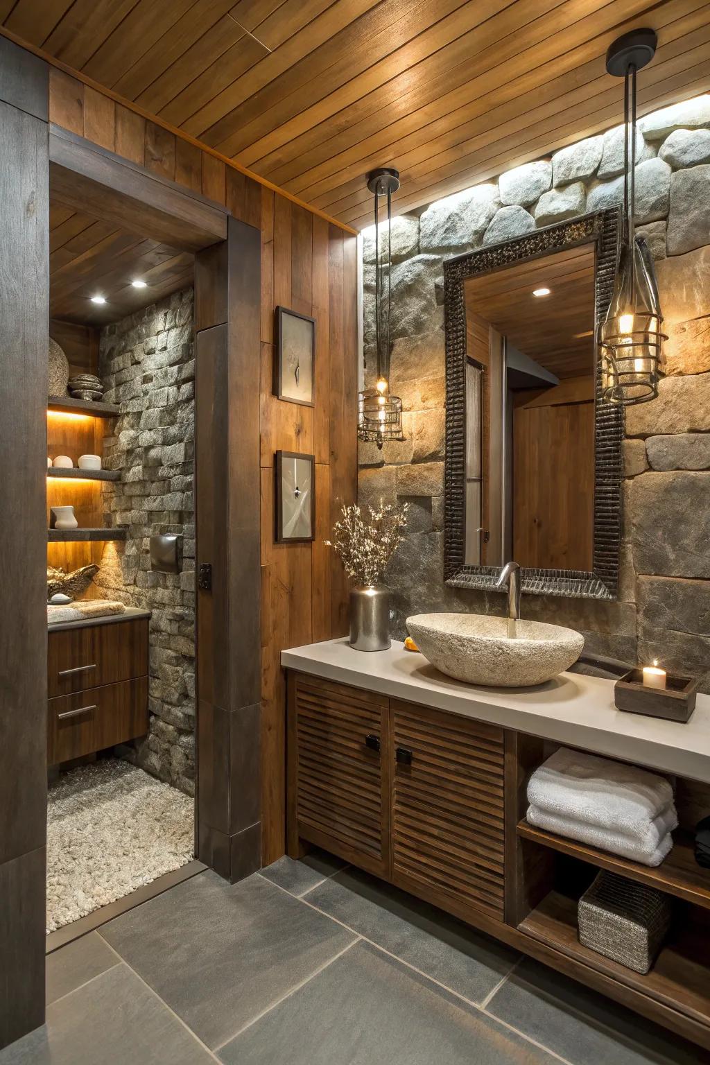 An eclectic alcove with mixed materials creates a personalized and unique bathroom.