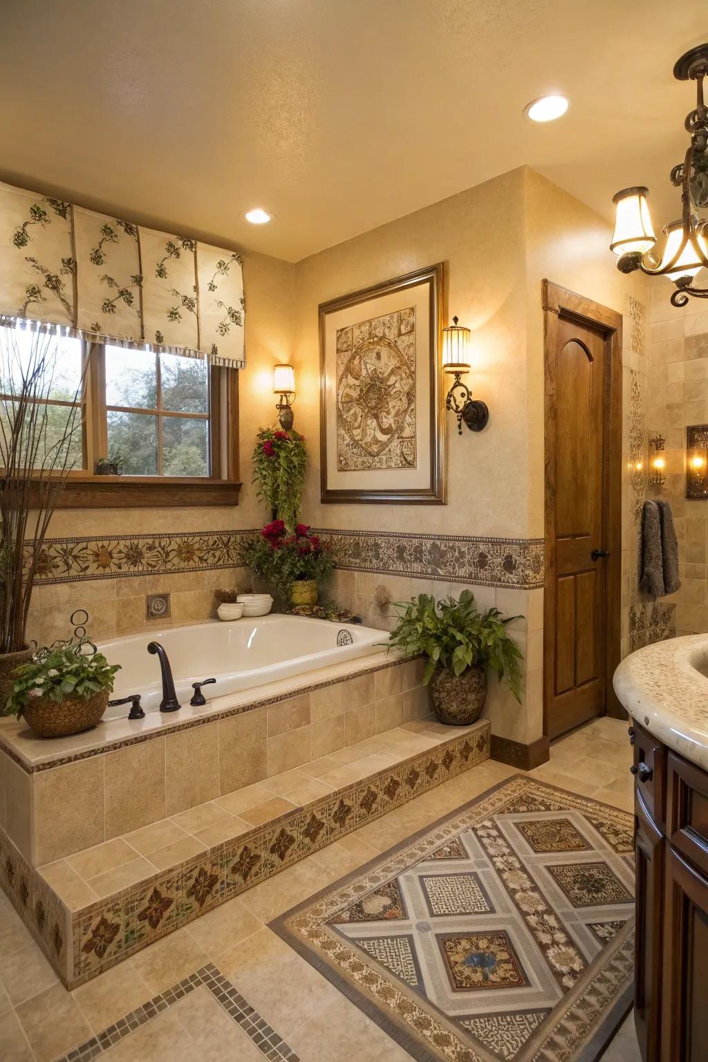 Personal touches like art or plants add character and warmth to the bathroom.