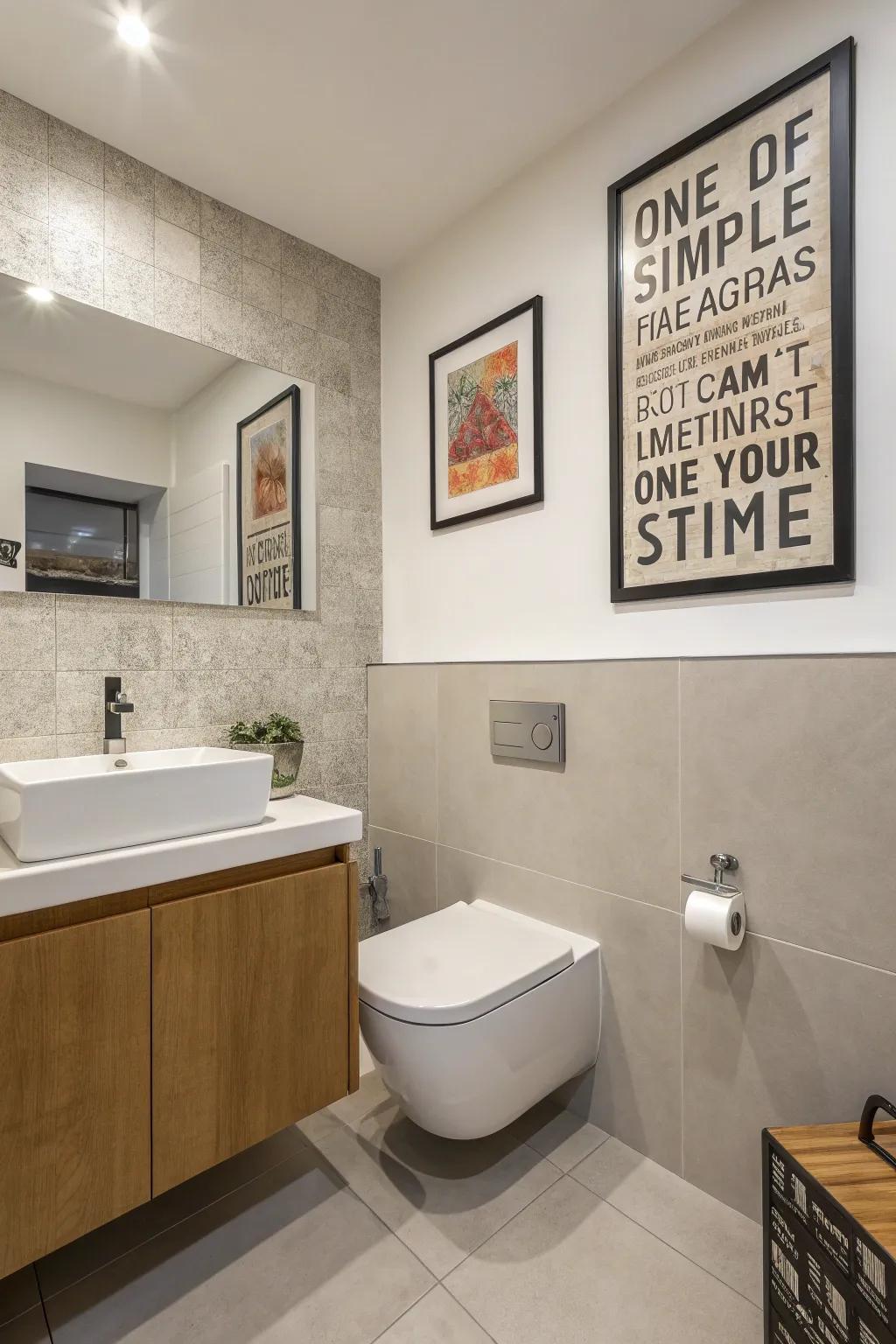 Minimalist bathroom enhanced by a single piece of statement art.