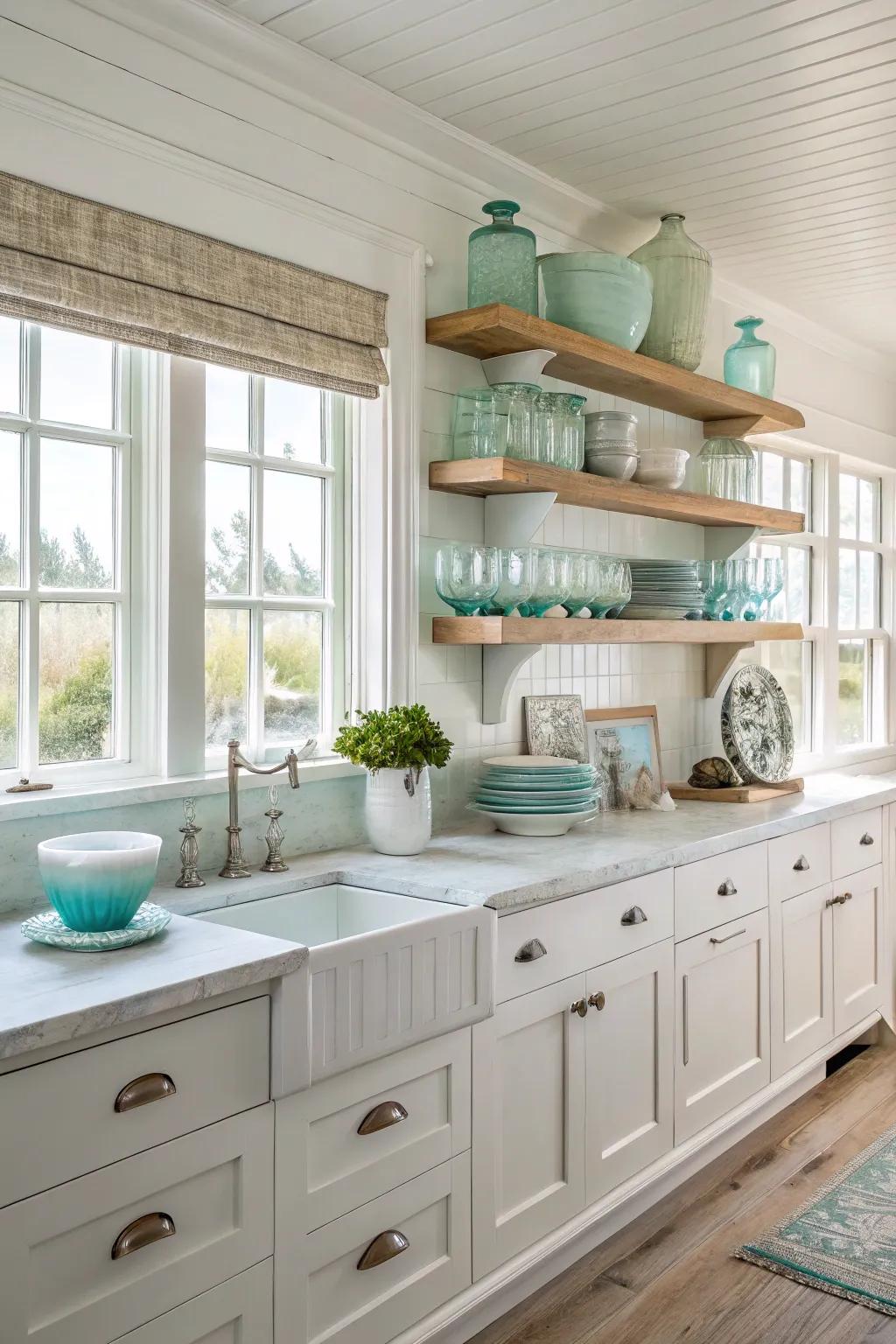 Open shelving adds a light and airy feel to this beach house kitchen.