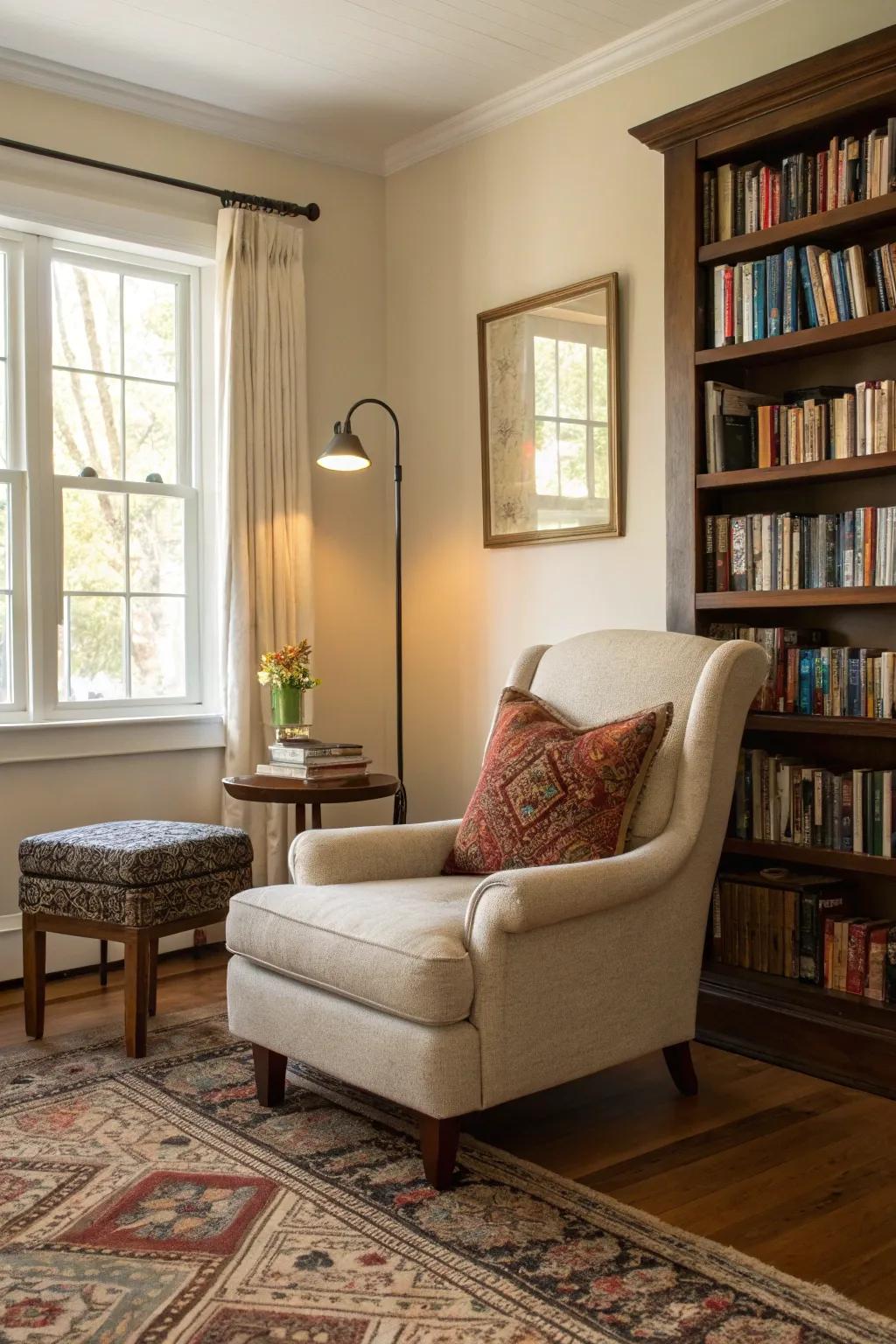 A reading nook offers a personal sanctuary in this living room.