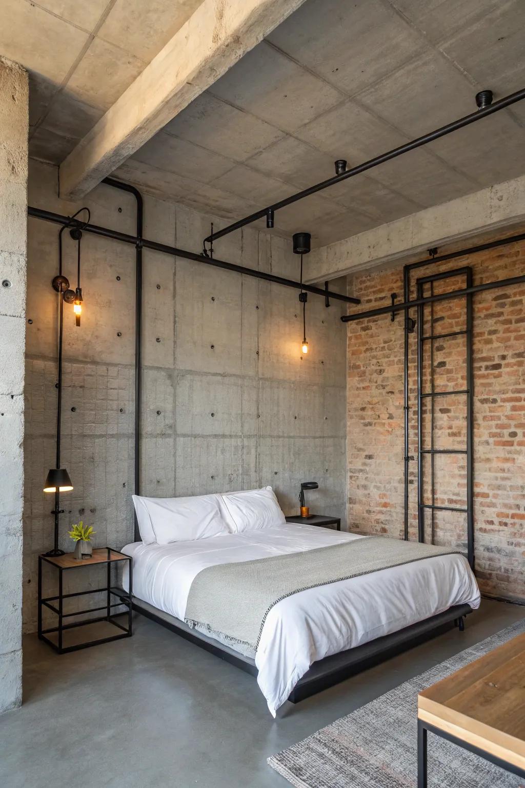 A chic bedroom with a concrete backdrop.