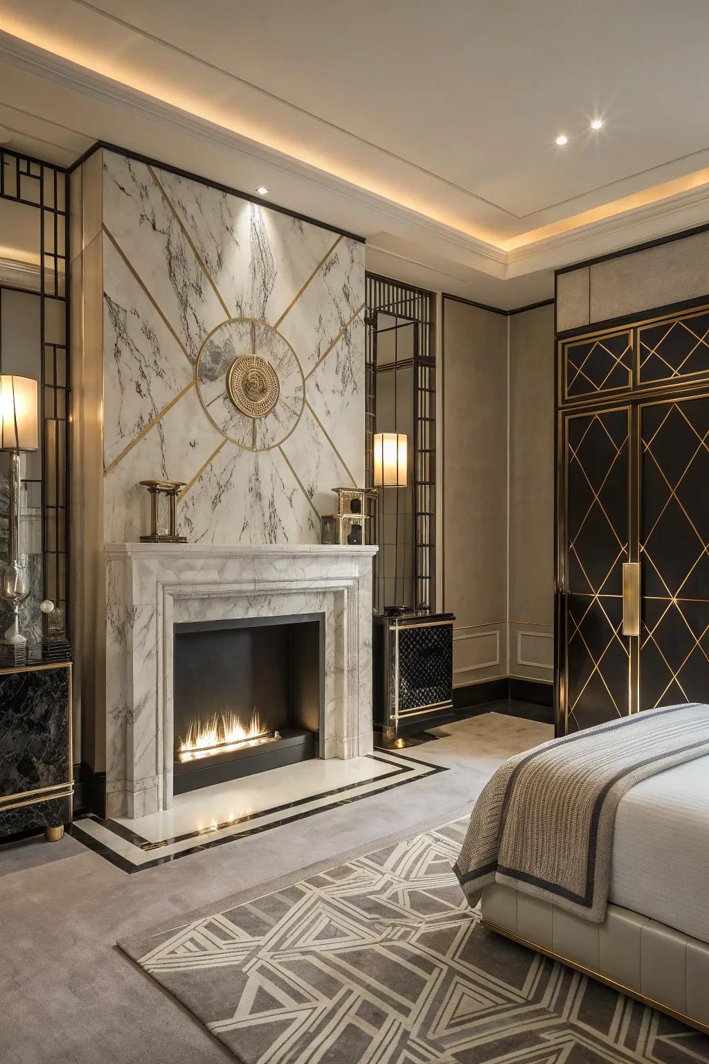 Channel Art Deco elegance with a marble fireplace.