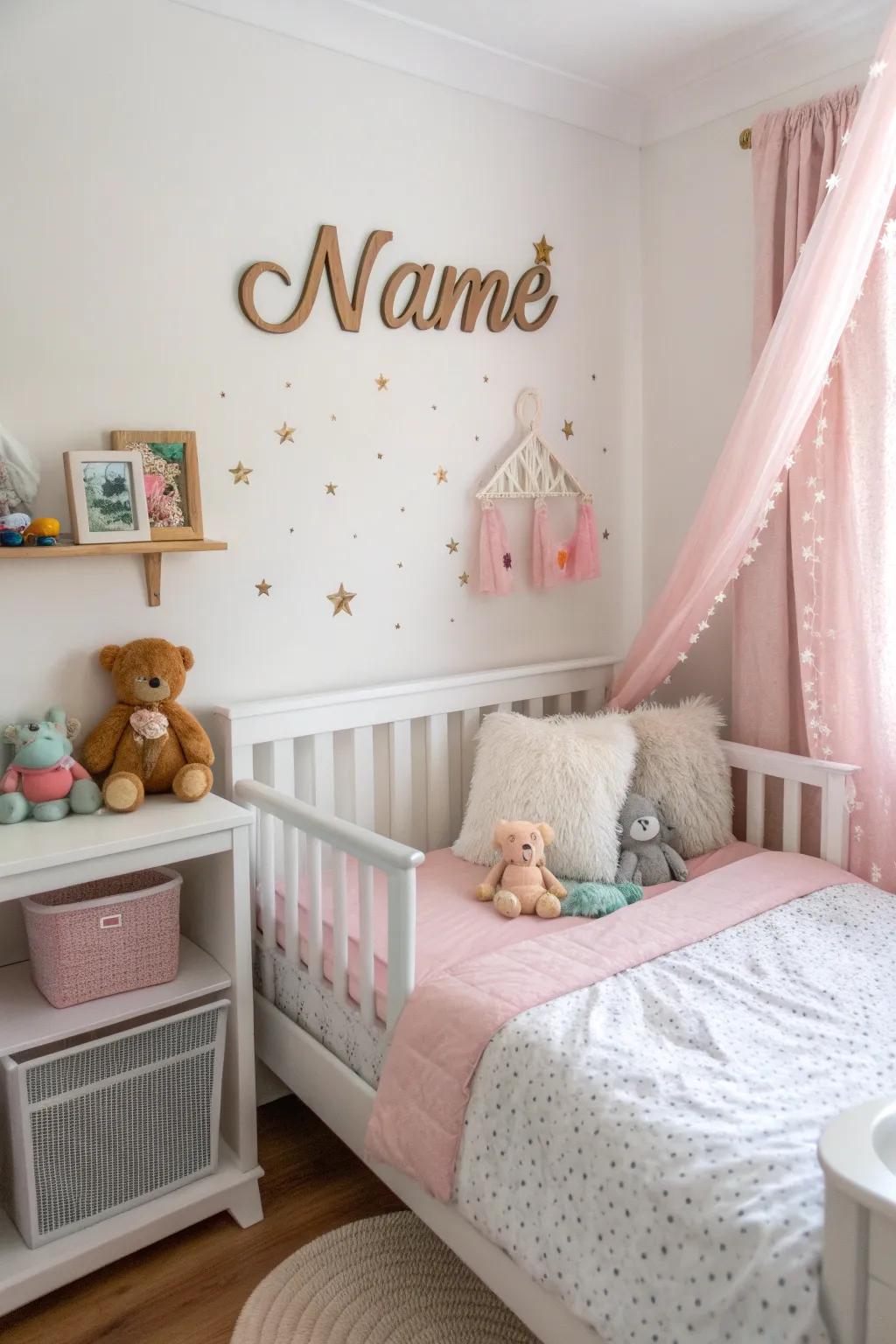 A personalized name sign in a toddler's bedroom, adding a welcoming and personal touch.