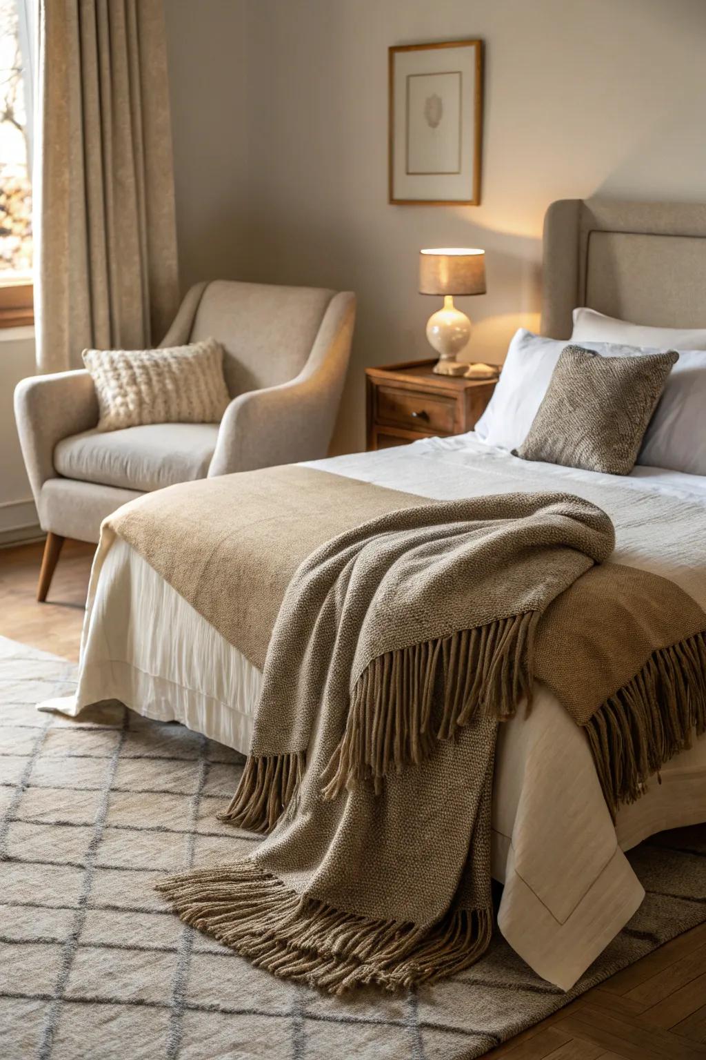 Throws add warmth and coziness to this inviting bedroom.