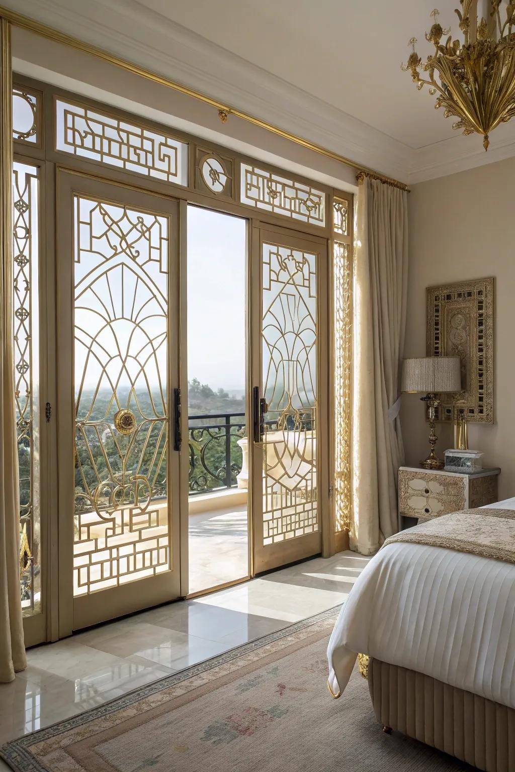 Art Deco inspired doors add glamour and opulence, perfect for an elegant bedroom setting.