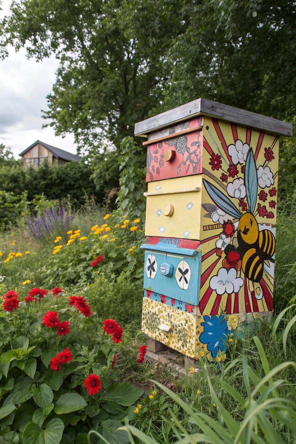 A Pop Art-inspired bee hive with bold, colorful comic designs.