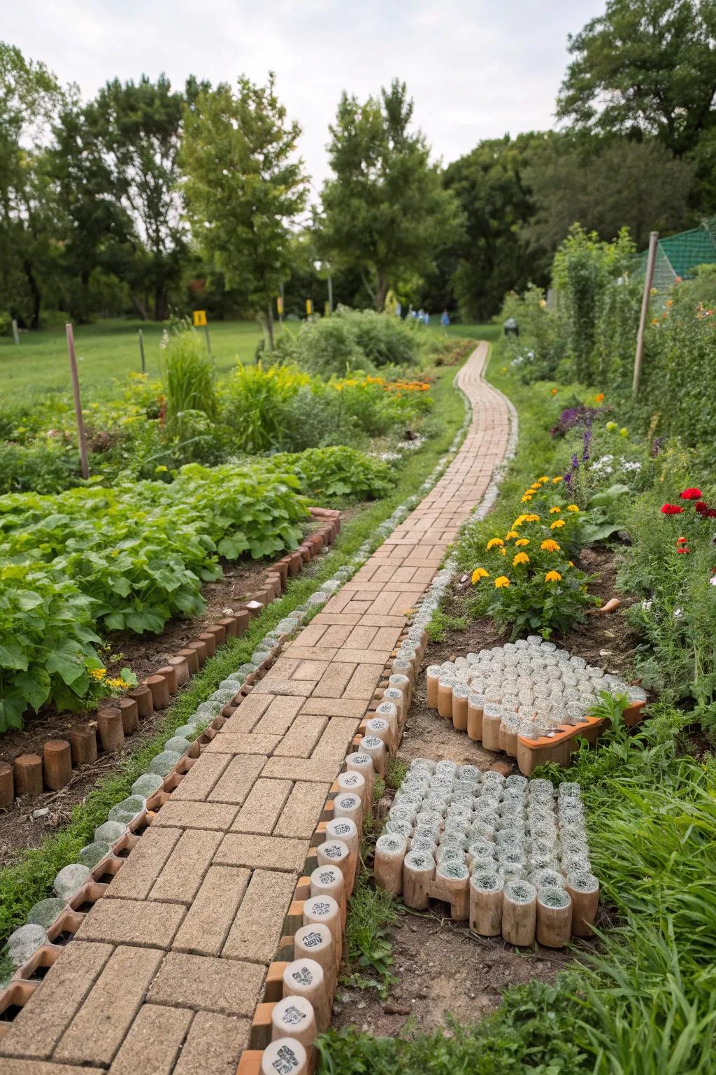 Eco-bricks paving a sustainable garden path.