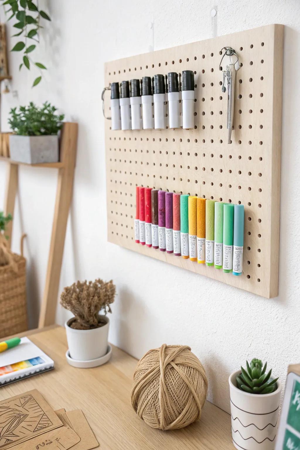 Transform your workspace with a stylish pegboard – where functionality meets artistry.