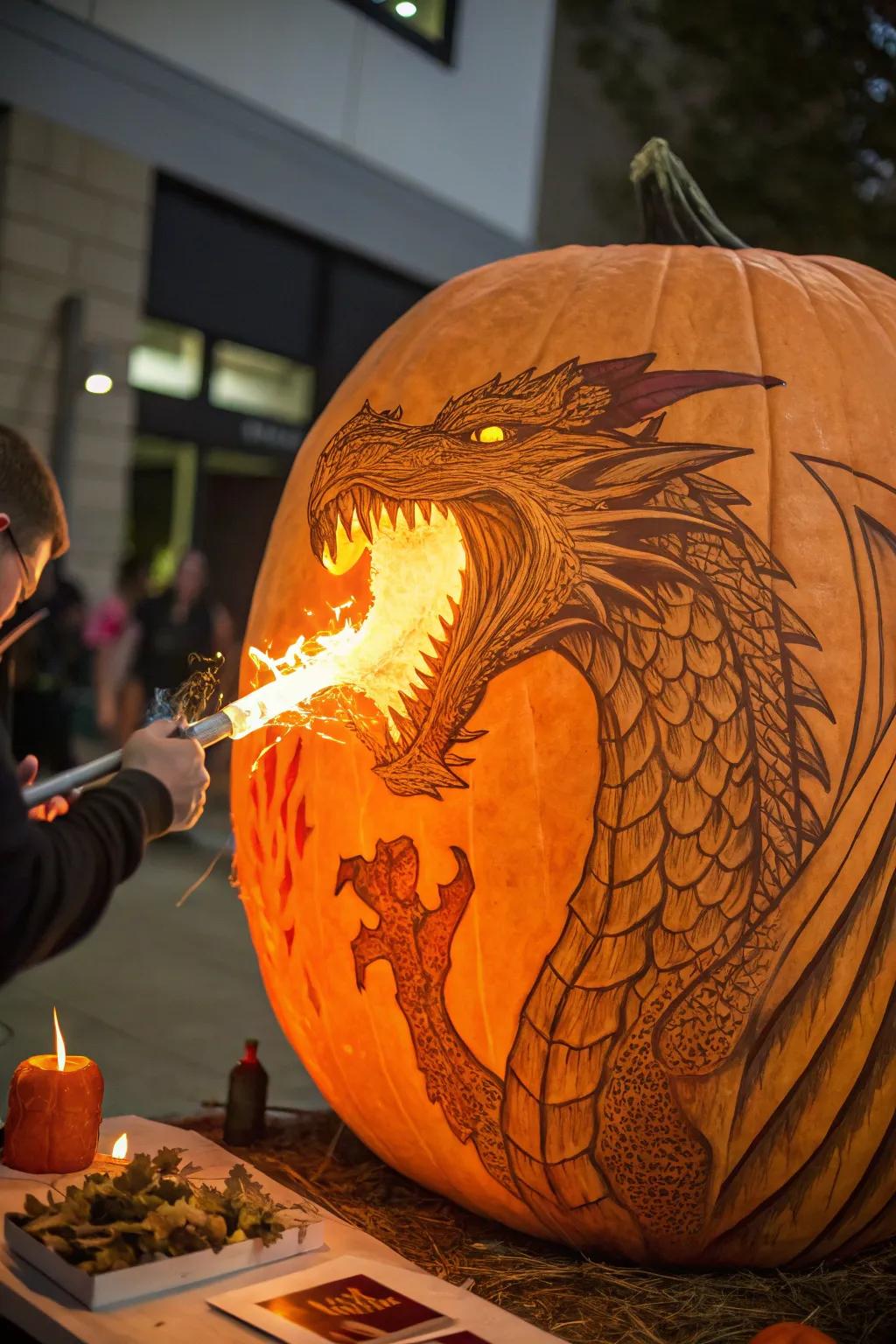 A fiery dragon pumpkin brings a touch of fantasy to your Halloween.