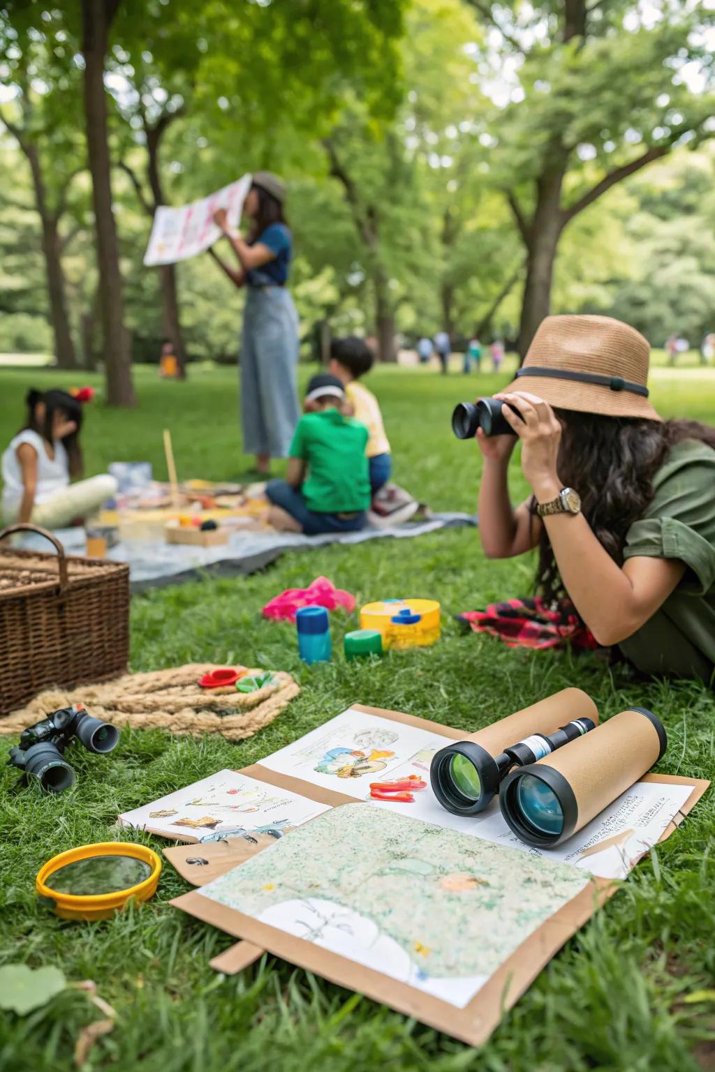 A nature explorer party setup with scavenger hunt items and crafts.