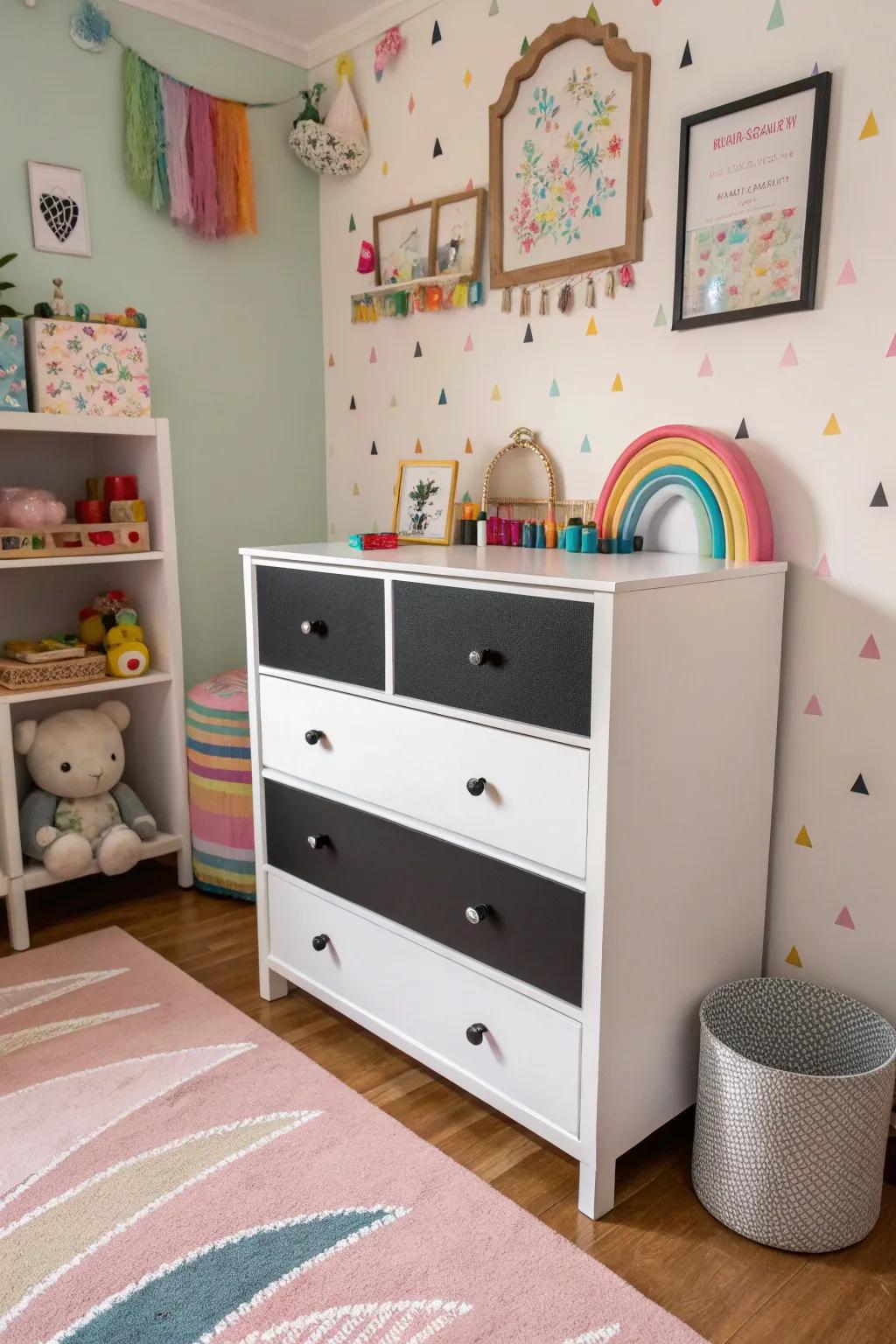 Alternating black and white drawers create a playful rhythm in a kids' room.