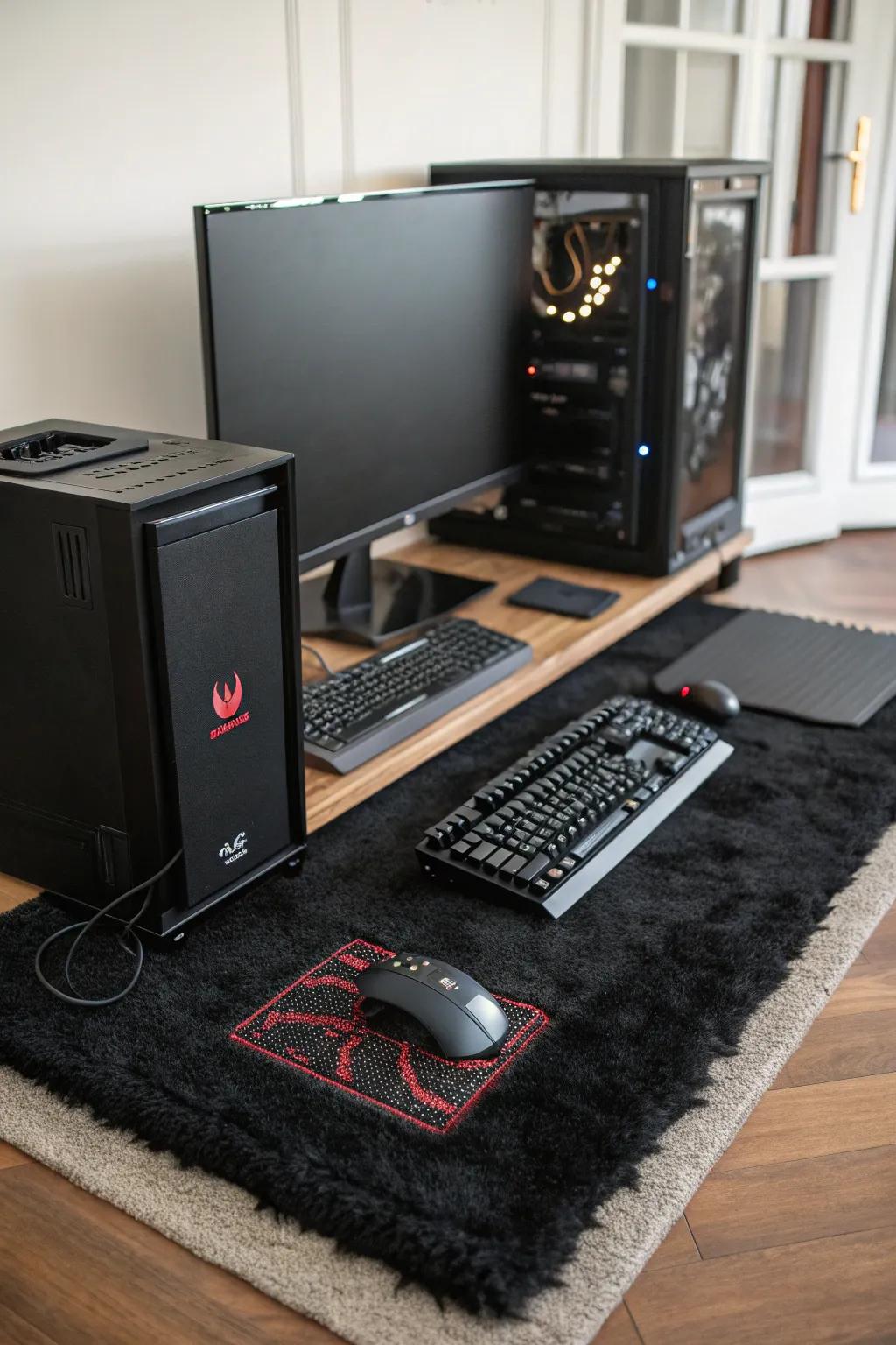 A black rug elegantly grounds and defines your gaming space.