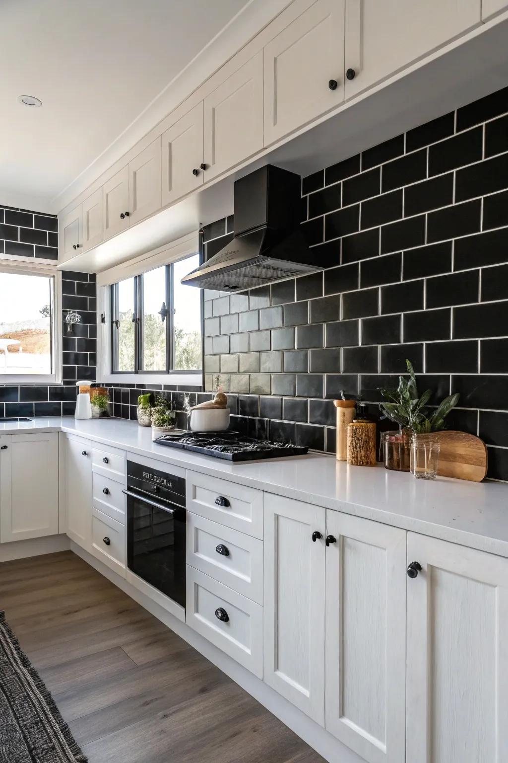 A kitchen featuring a dramatic black tiled backsplash.