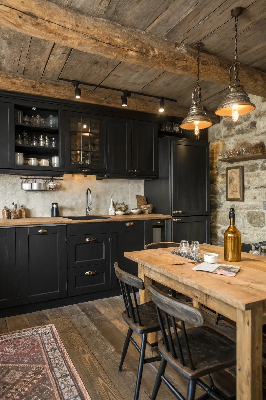 A cozy rustic kitchen blending black cabinetry with rustic elements.