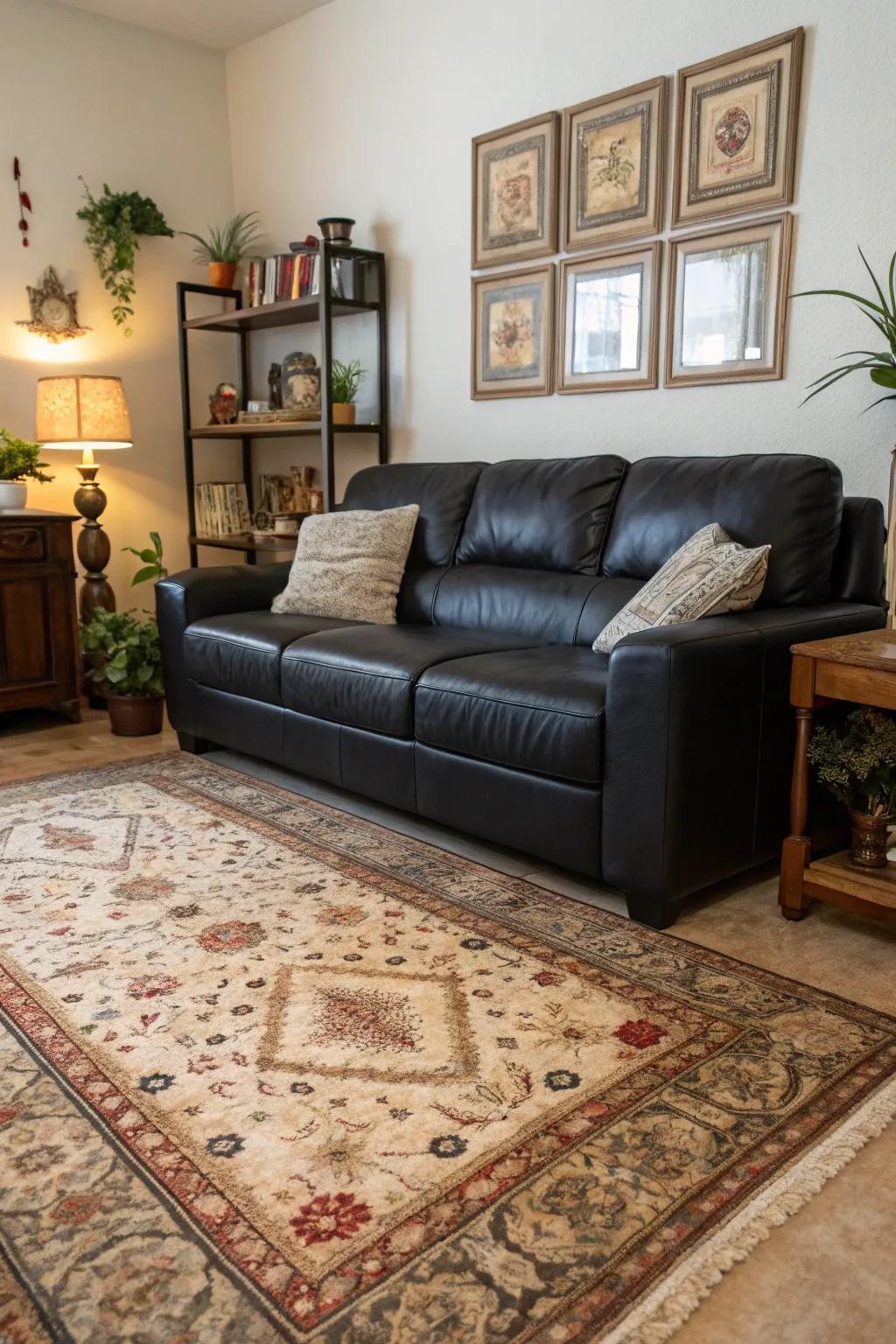 Vintage finds add character and history to the black leather sofa setting.