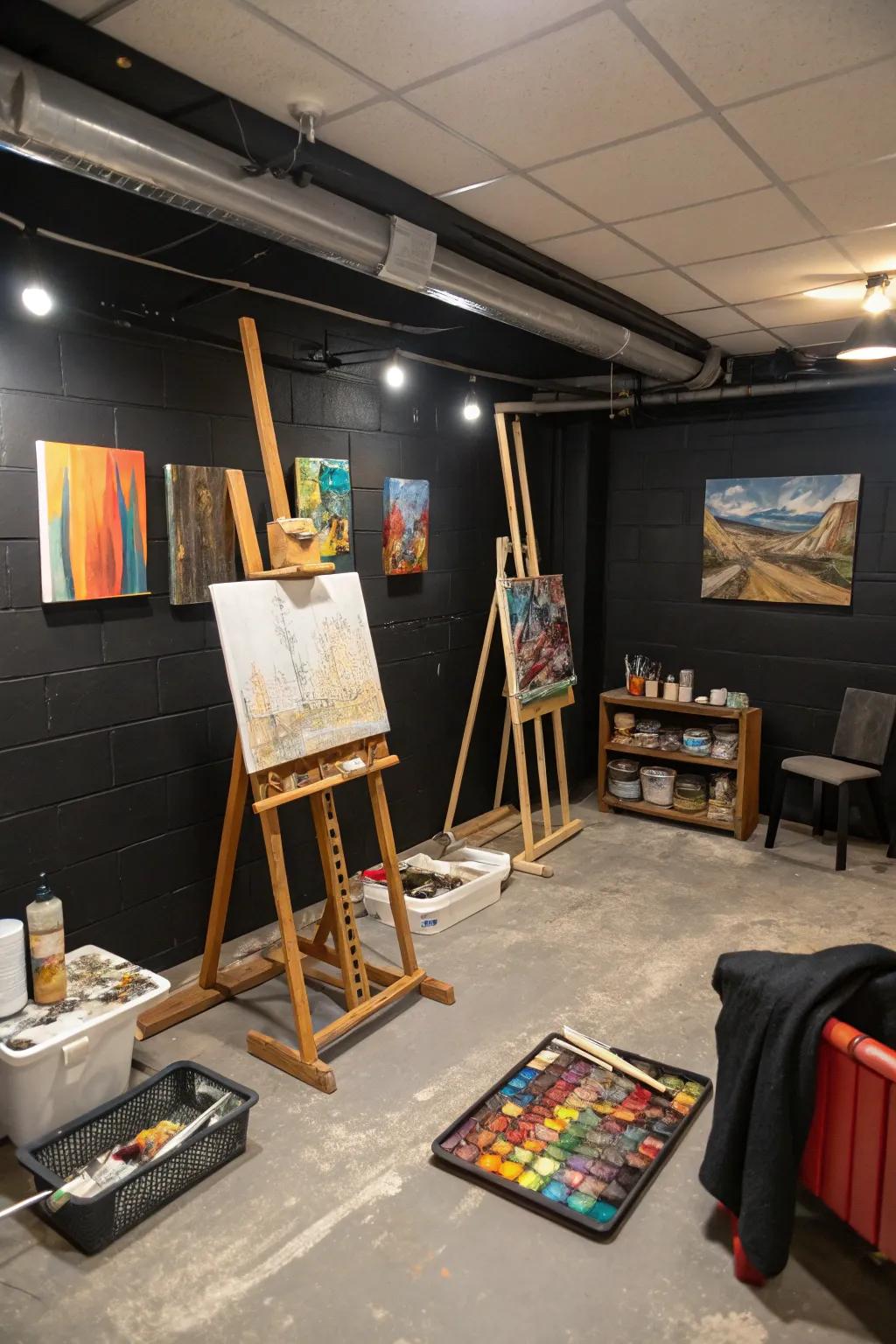 An art studio where black walls enhance creativity.