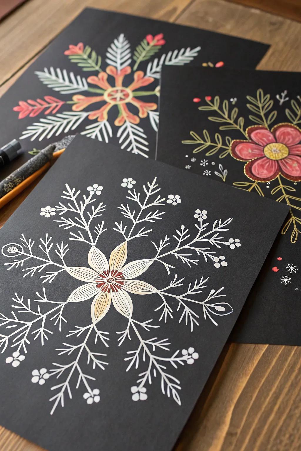 Bring the spirit of the seasons into your home with themed drawings on black paper.