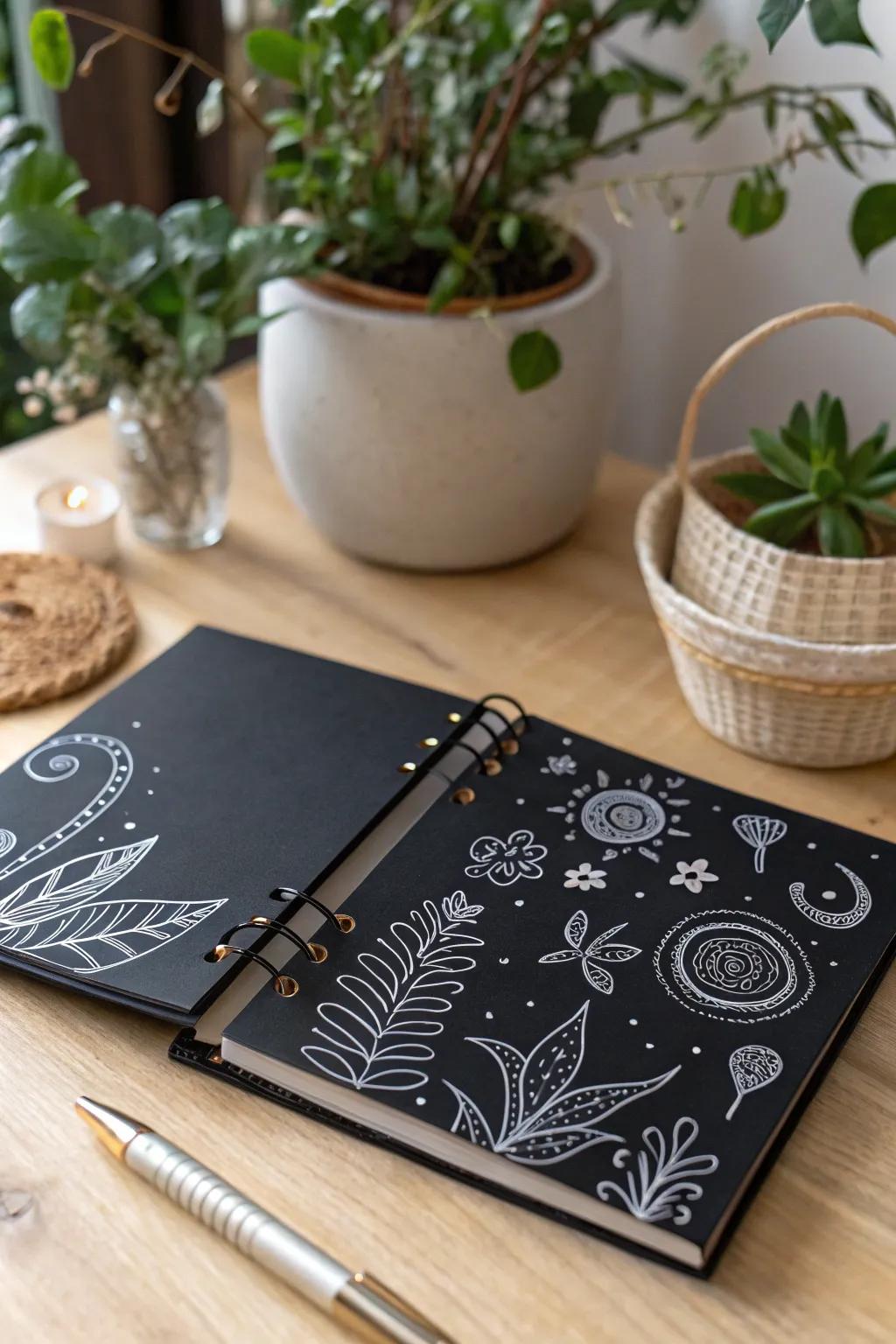 Unleash your creativity with whimsical doodles that add charm and personality to your black scrapbook.