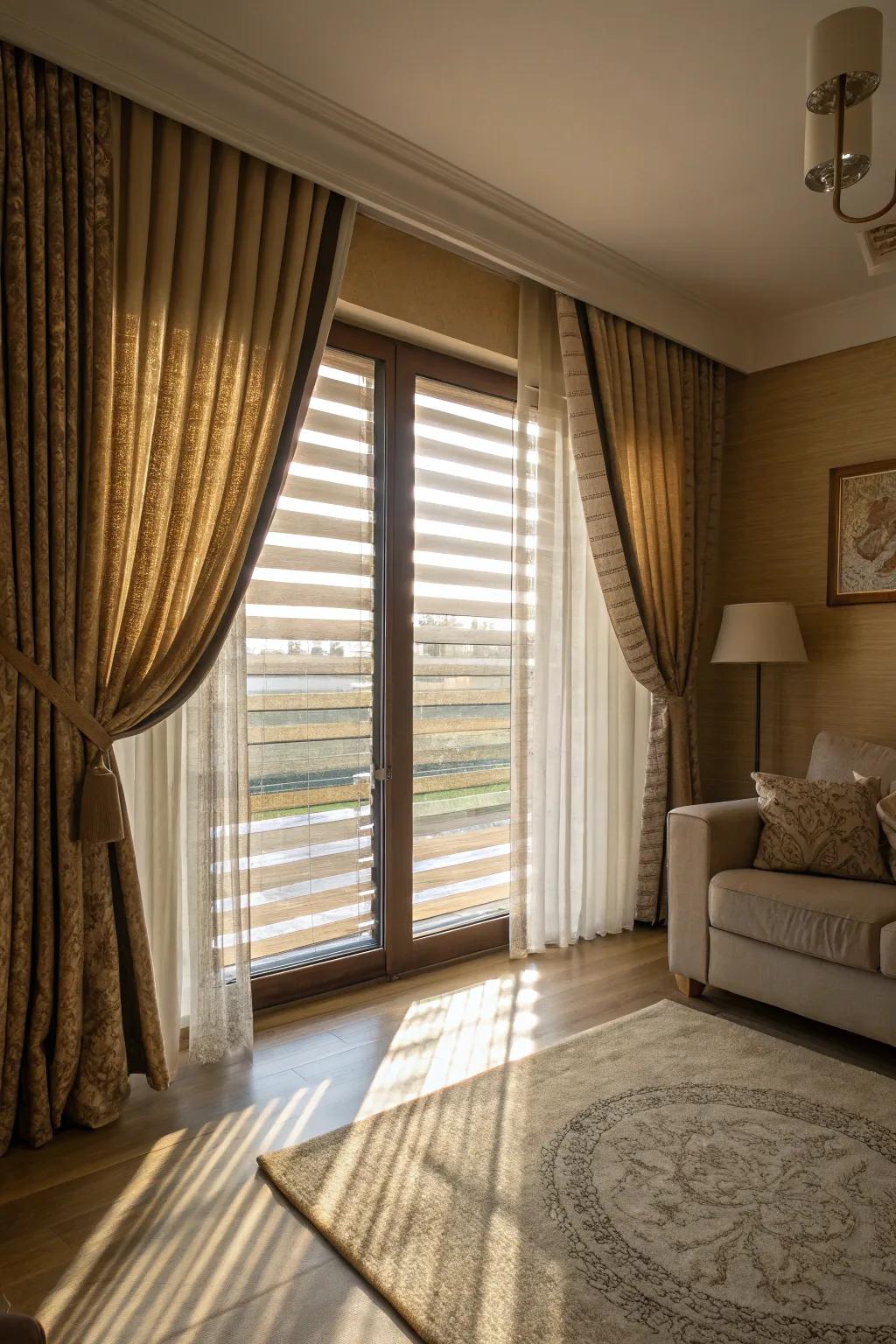 Craft a layered look with blinds and curtains.