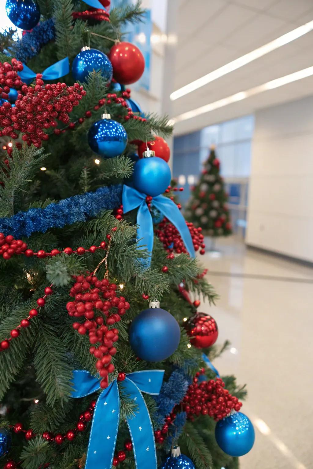 A playful mix of blue and red decorations brings vibrant energy to your holiday home.