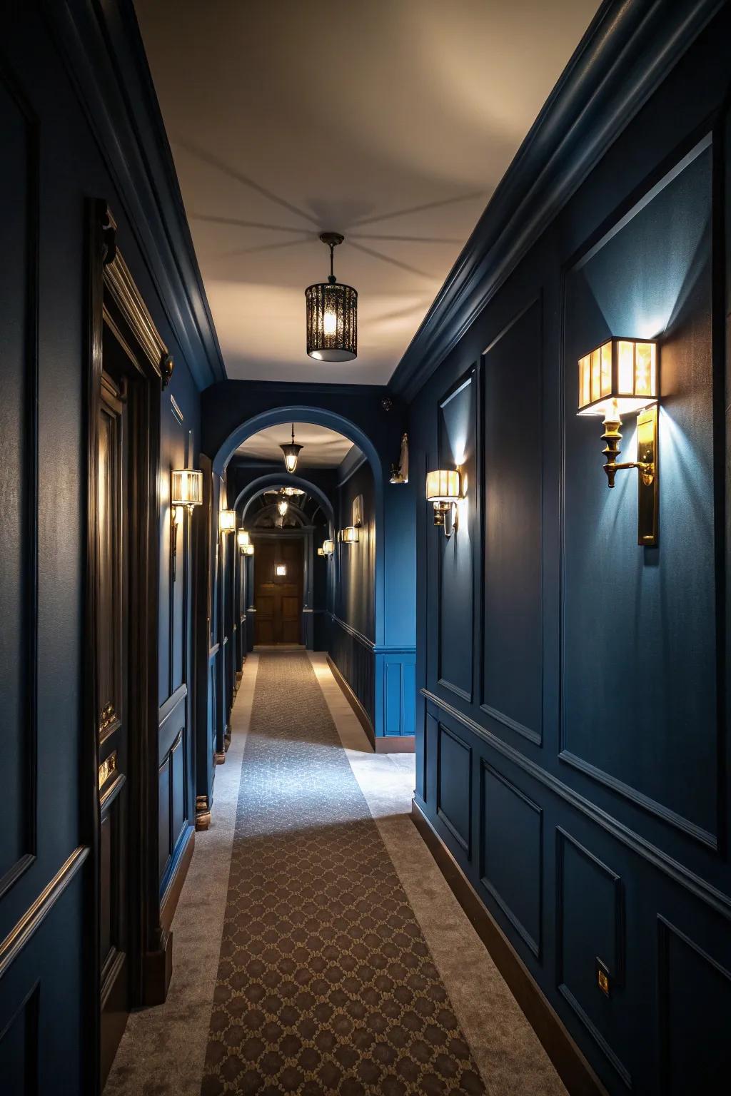 Dark blue walls create a cozy, enveloping environment.