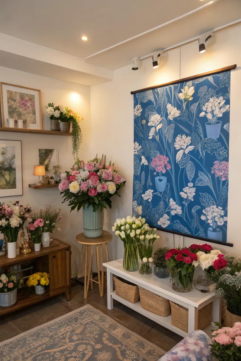 Embrace floral beauty with blue art.