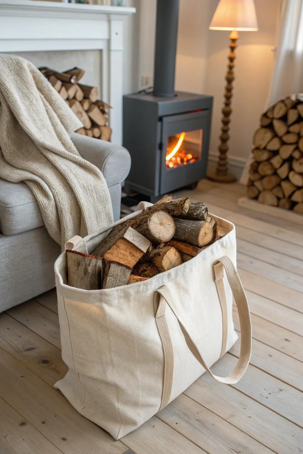 Embrace cozy winter evenings with this chic firewood tote, combining function with minimalist style.