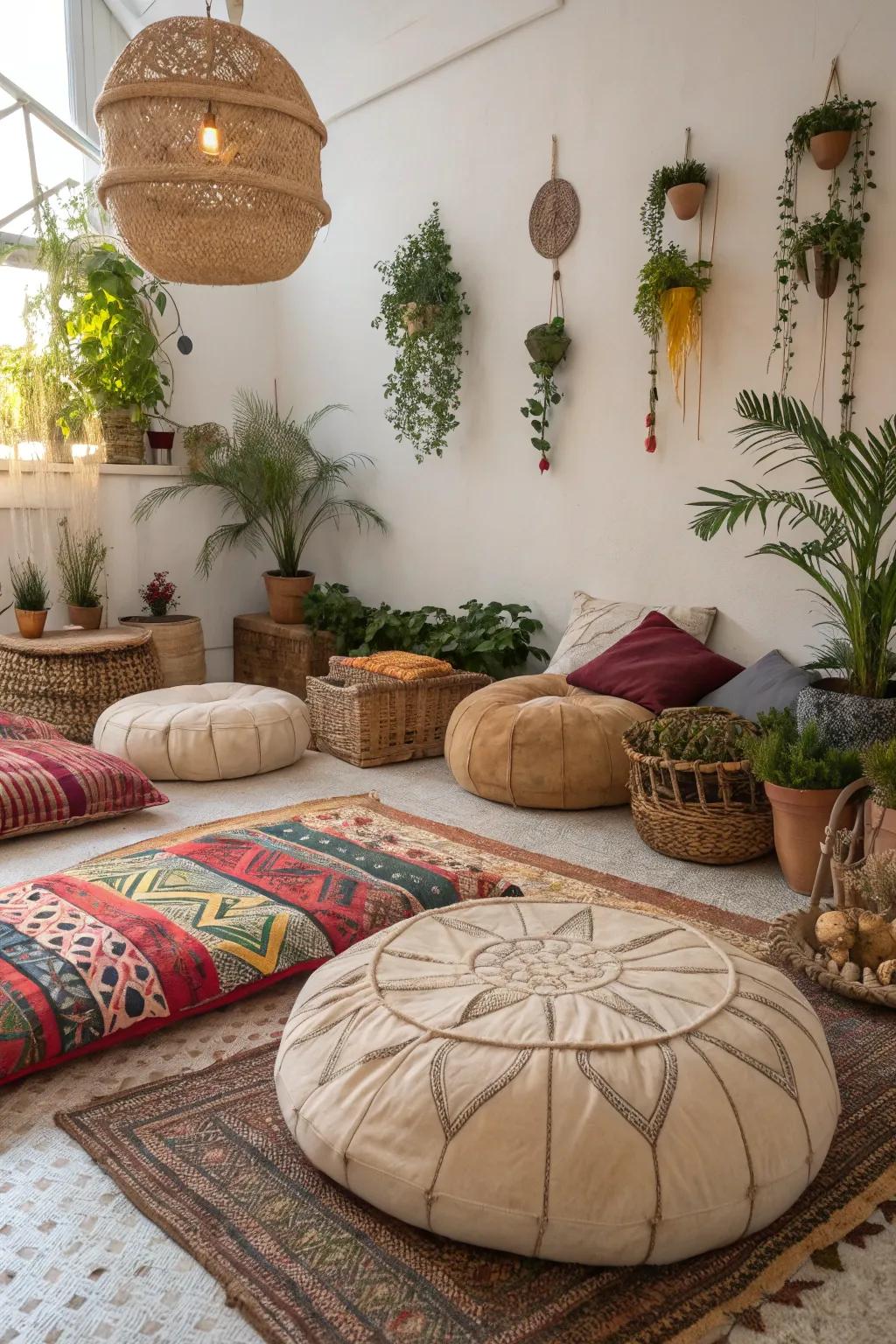 Oversized floor cushions offer comfort and style in boho decor.