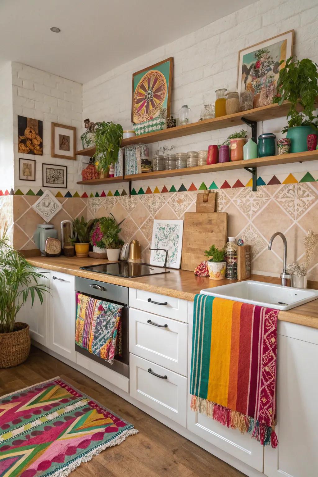 Color blocking adds a playful and dynamic feel to this boho kitchen.