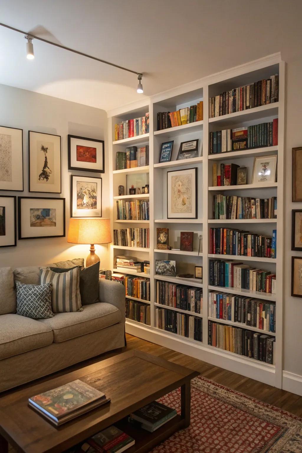 Incorporating artwork adds layers of interest to bookshelves.