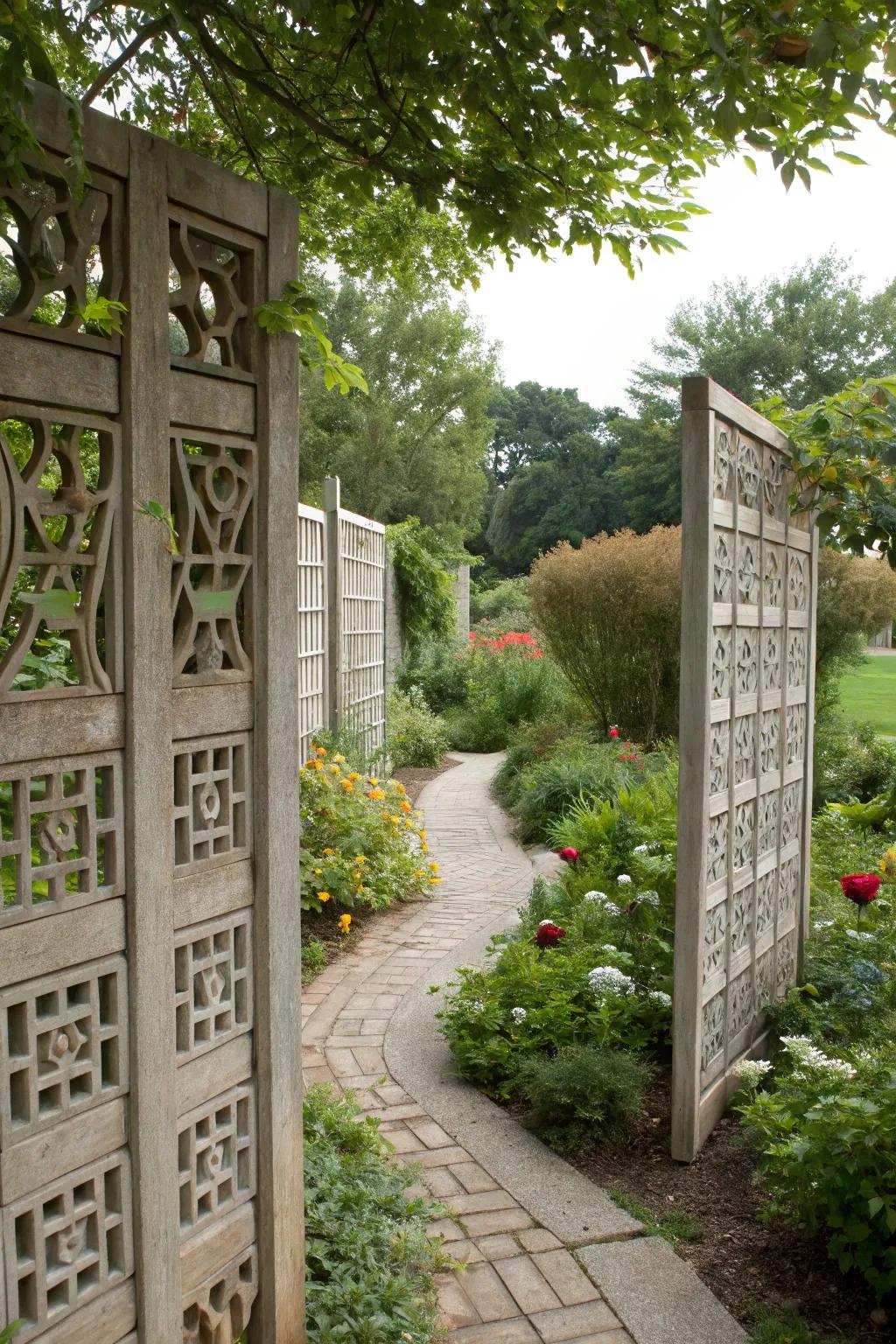 Decorative breeze block screens adding mystery to a garden.