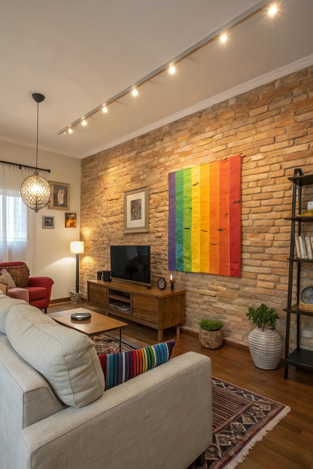 A pop of color brings energy to the brick wall.