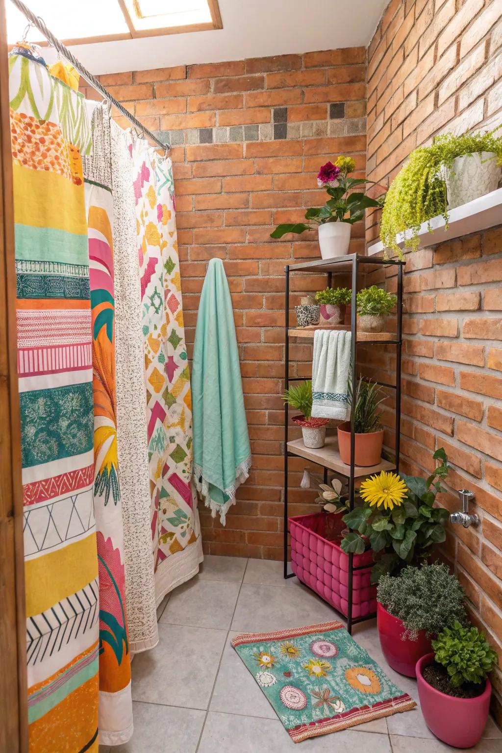 Playful color pops add vibrancy to brick-walled bathrooms.