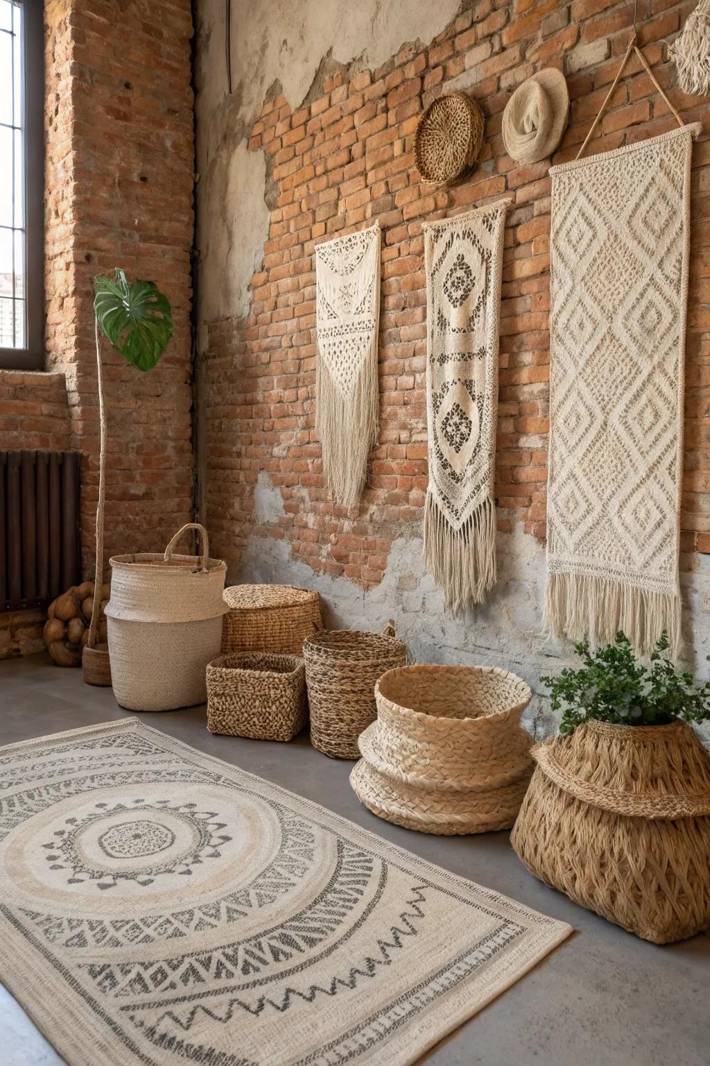 Woven decor adds warmth and texture to the exposed brick wall.