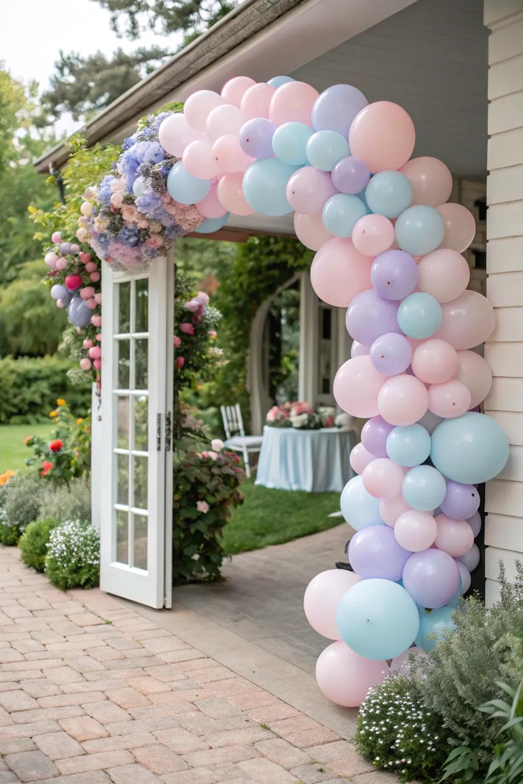 Pastel balloon arches offer a whimsical and dreamy entryway.