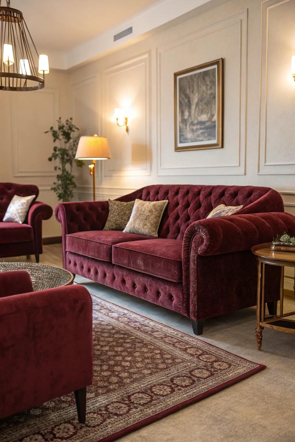 Velvet upholstery in burgundy adds luxury and texture to seating.