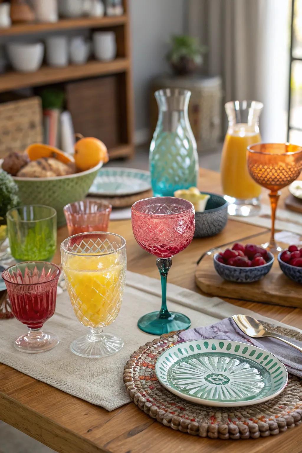 A brunch table featuring chic and eclectic glassware.