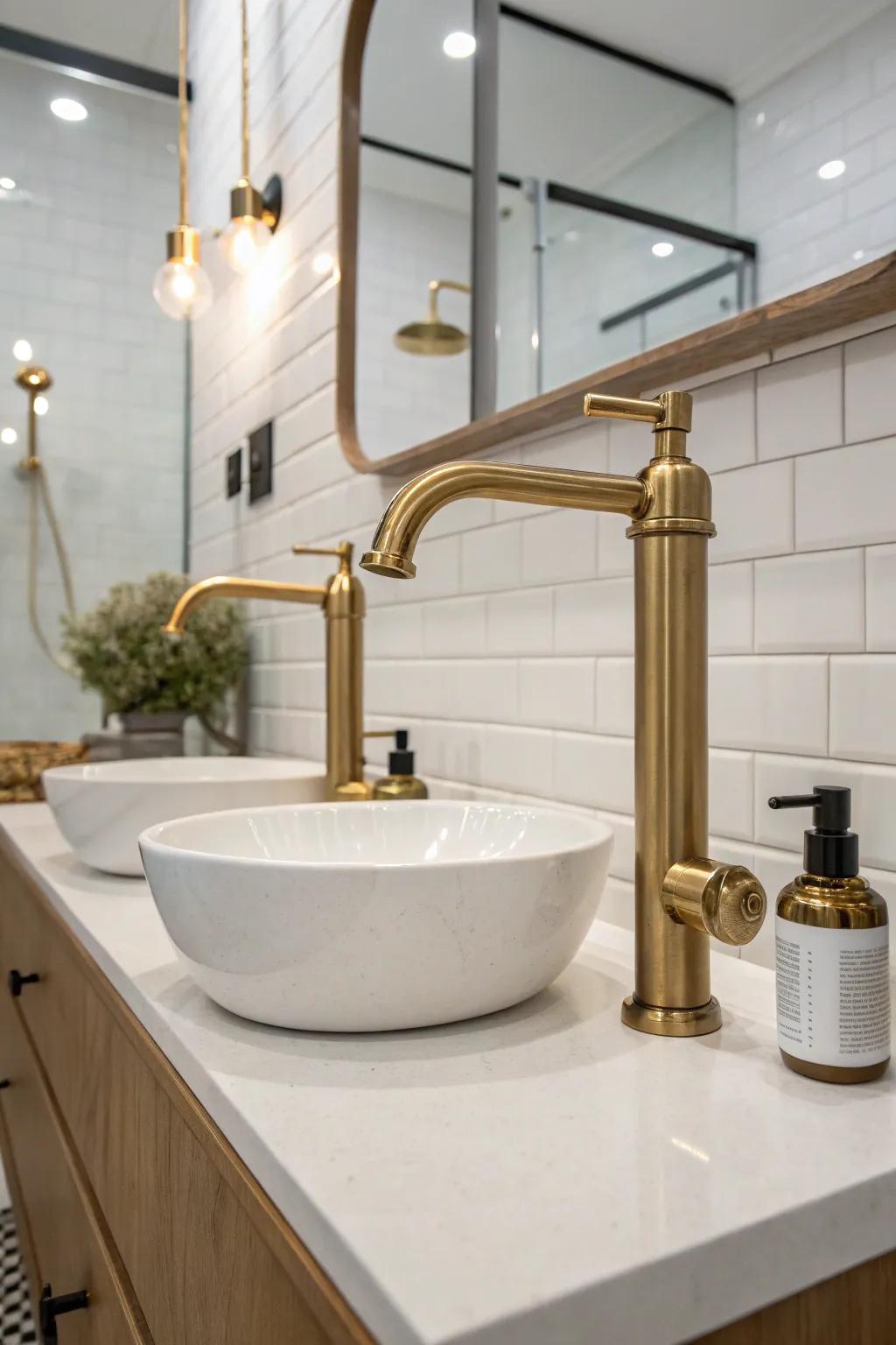 Brushed brass fixtures serving as functional art in the bathroom.