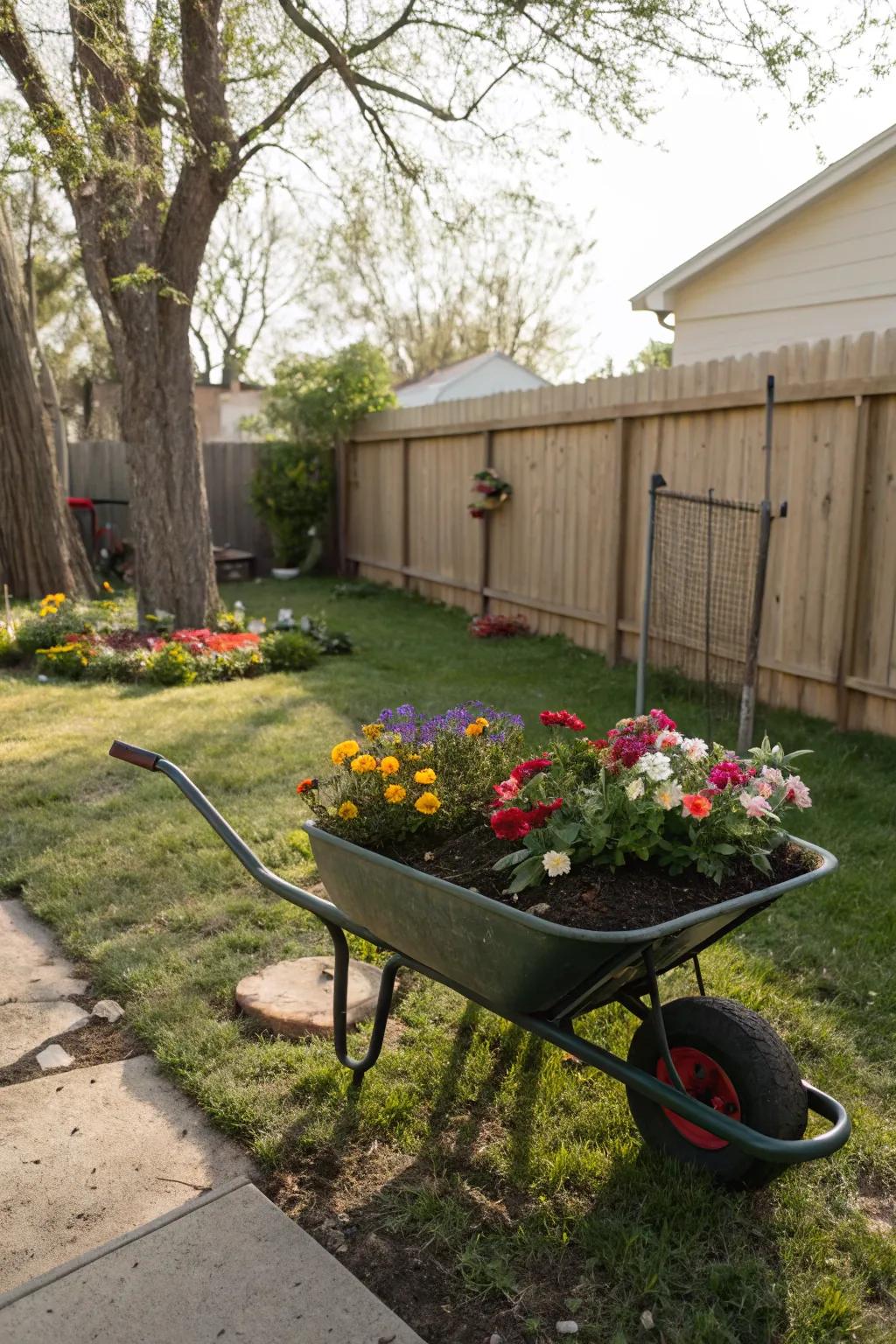 A wheelbarrow planter adds rustic charm to a garden.