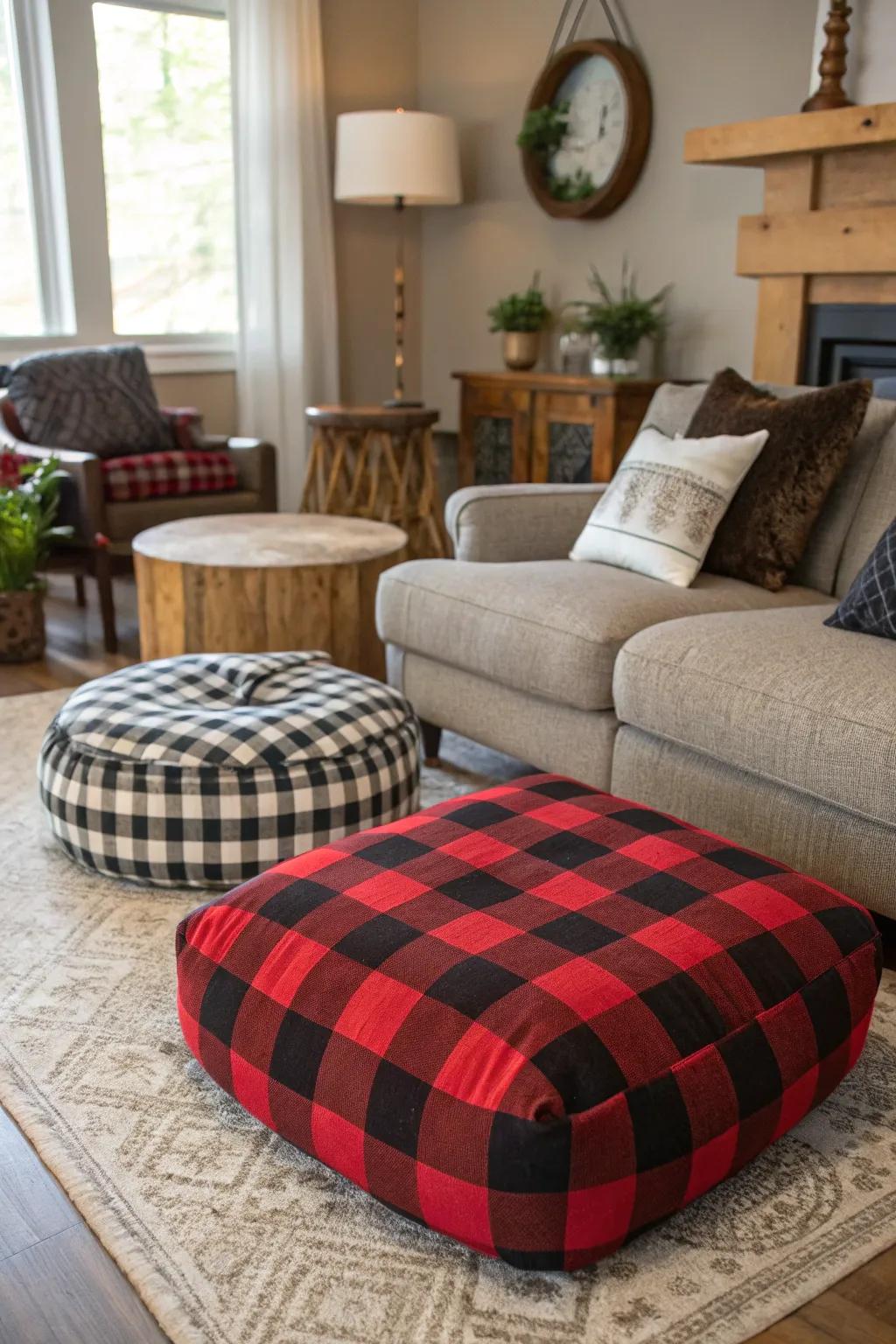 Buffalo plaid floor cushions offer casual and stylish seating.